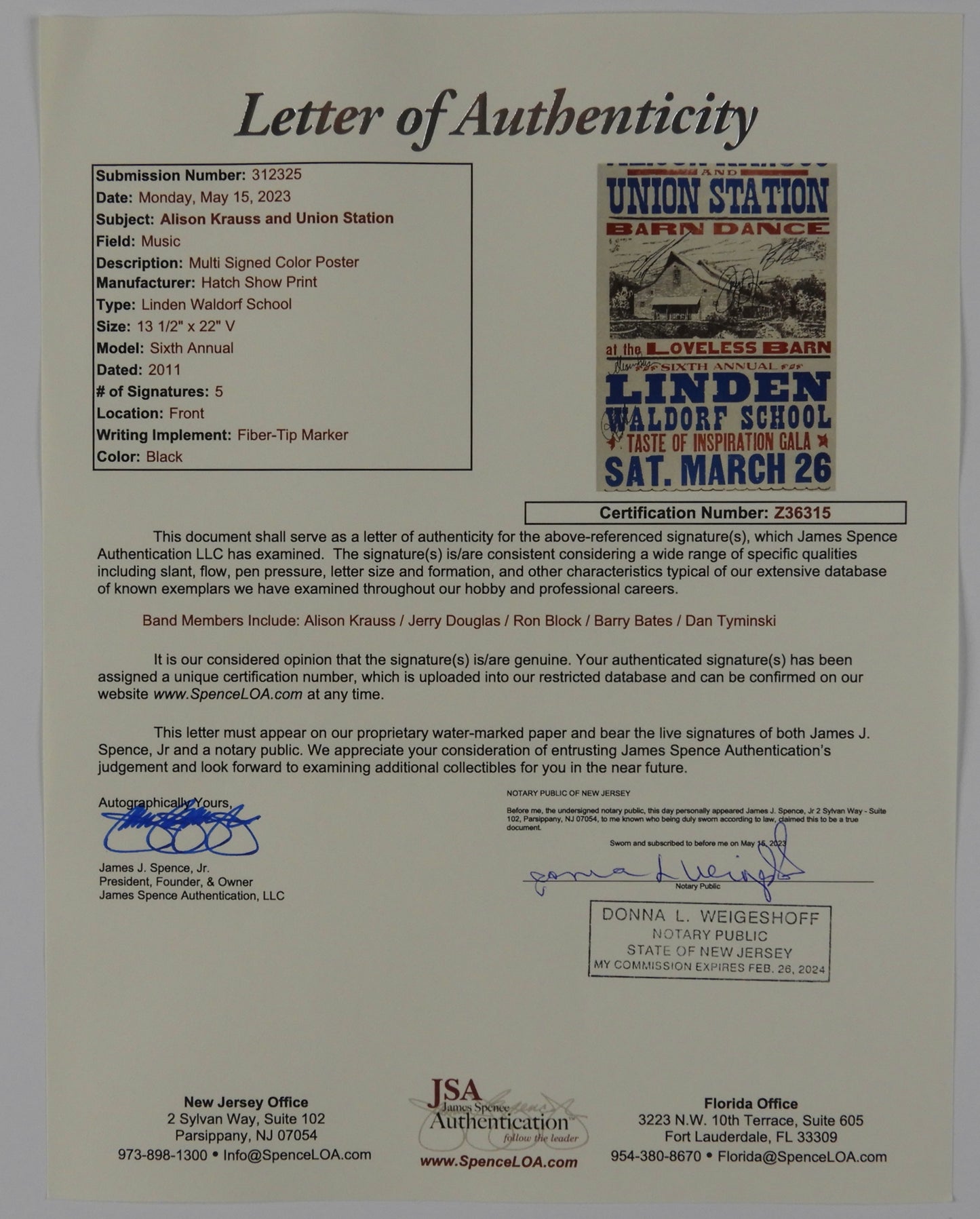 Alison Krauss & Union Station Hatch Show Print Poster JSA Signed Autograph