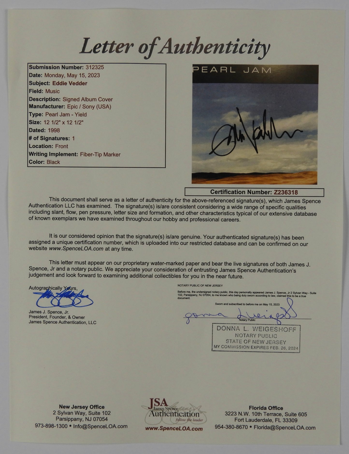 Eddie Vedder JSA Signed Autograph Pearl Jam Album Record Vinyl Yield