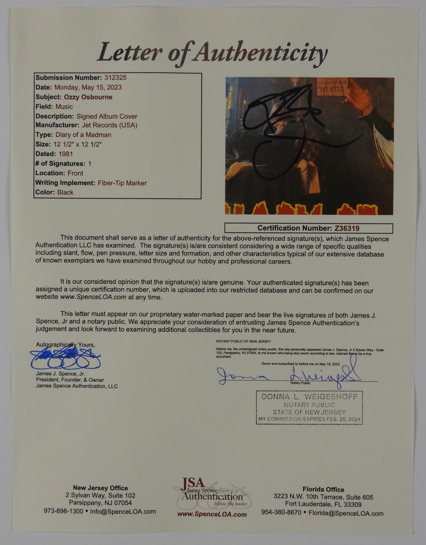 Ozzy Osbourne Autograph JSASigned Album Diary Of a Madman