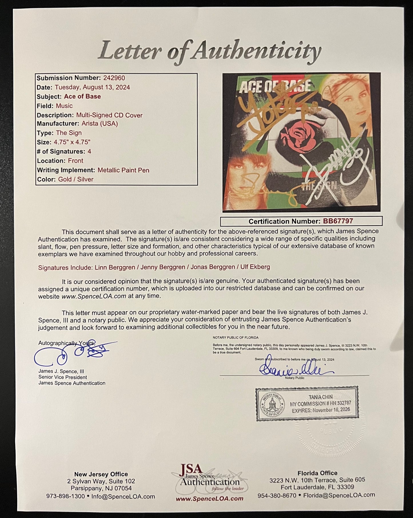 Ace Of Base JSA Fully signed autograph The Sign CD Joker Linn Berggren Jenny Ulf