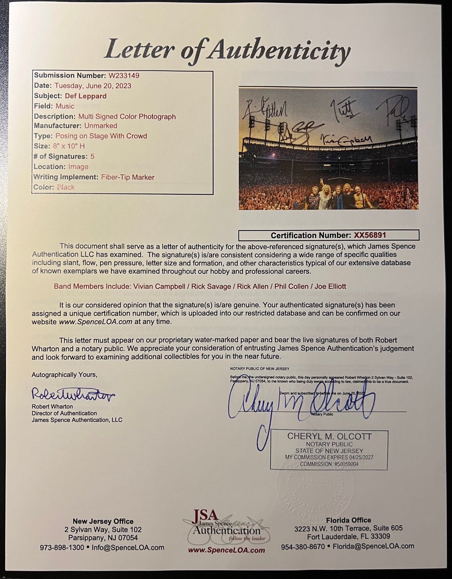 Def Leppard JSA Signed Autograph 8 x 10 Photo Fully Signed Stadium Tour