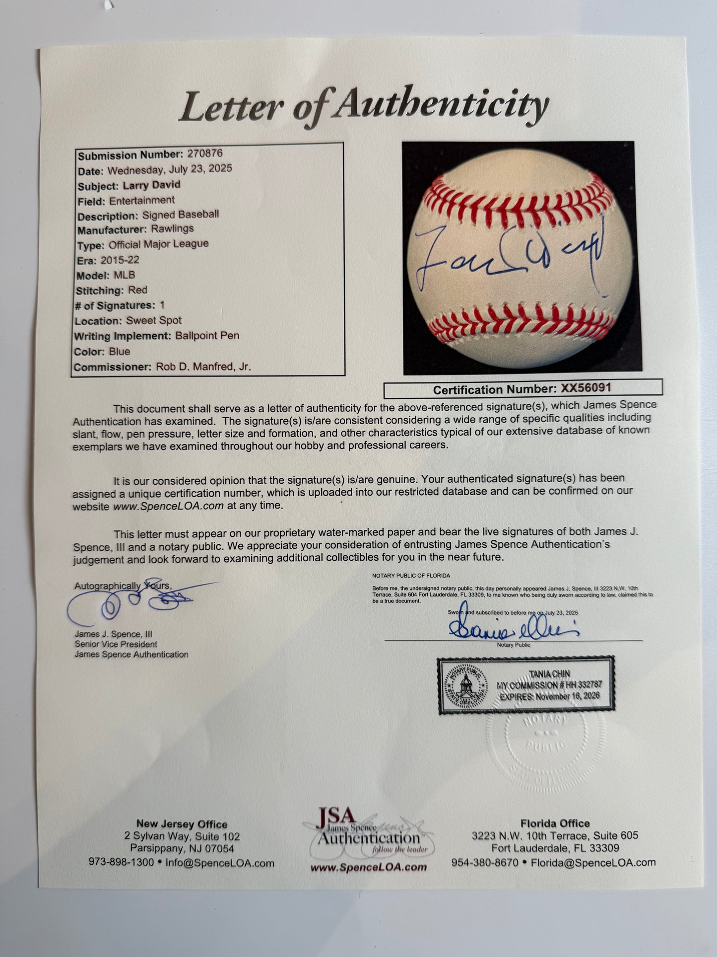 Larry David JSA Signed Autograph Baseball Seinfeld Curb Your Enthusiasm