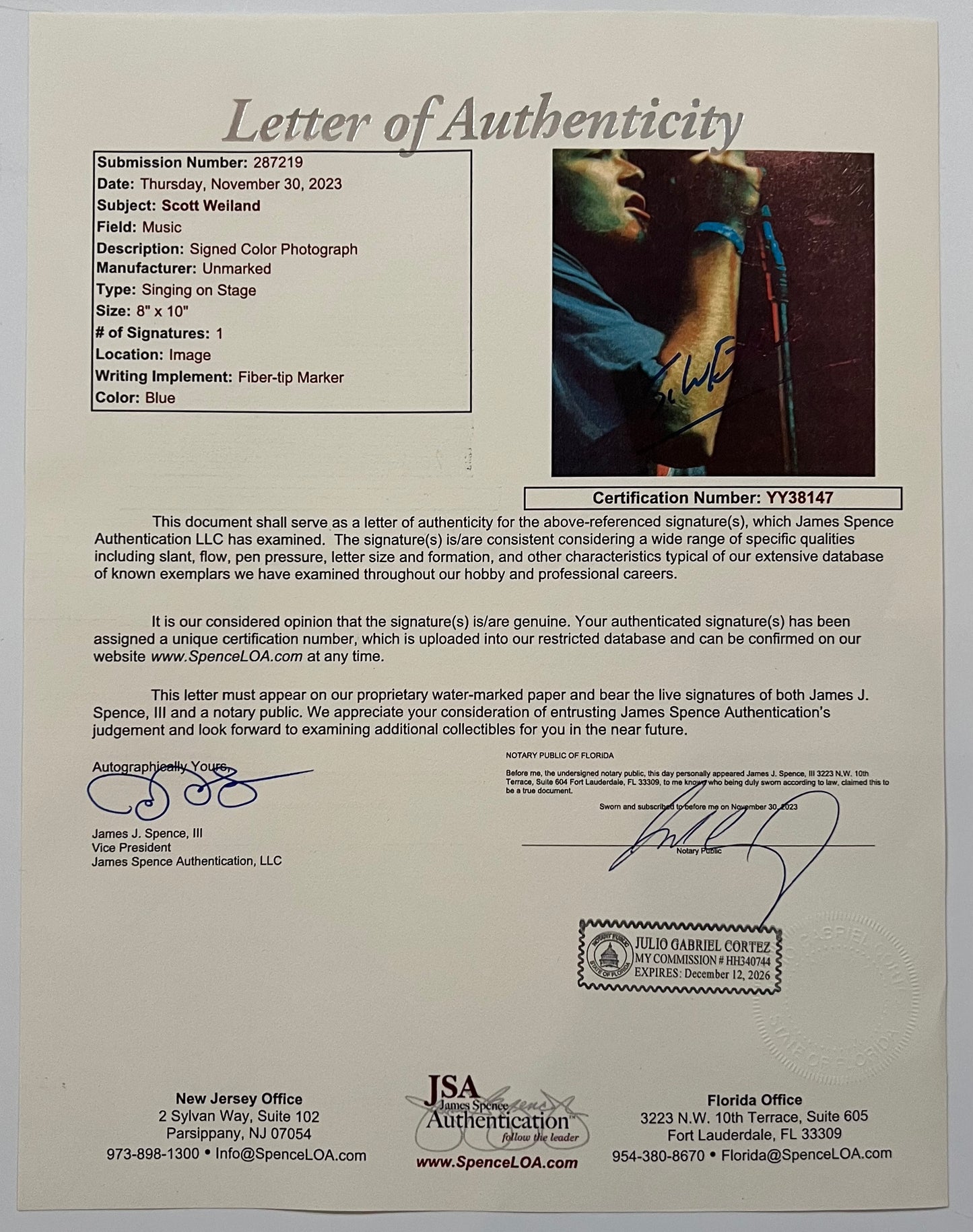 Scott Weiland Stone Temple Pilots JSA Signed Autograph 8 x 10 Photo