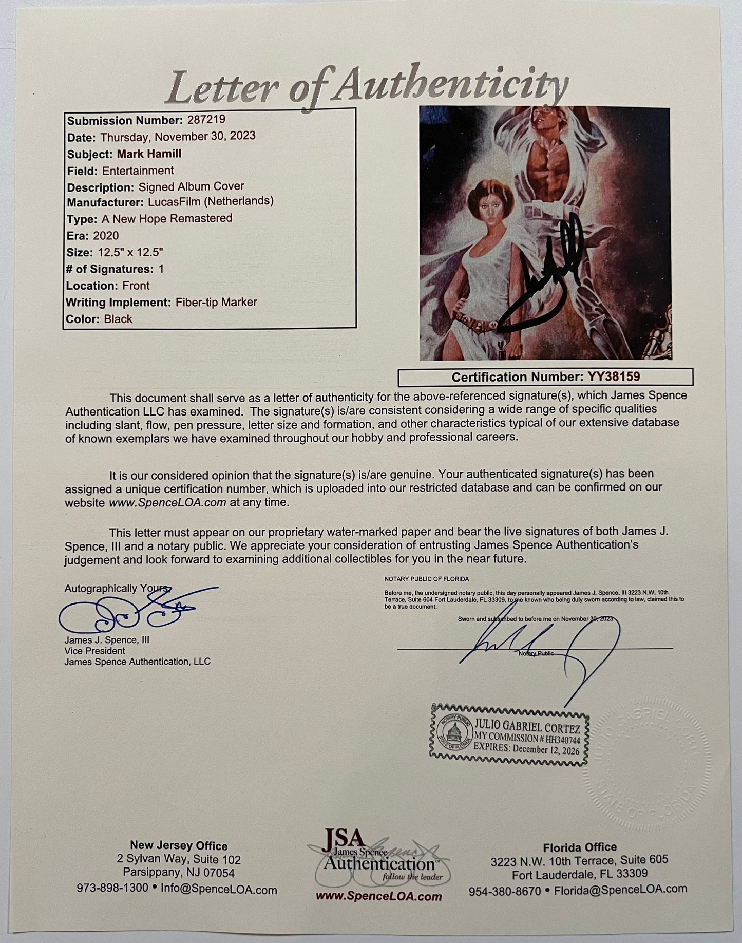 Mark Hamill Signed JSA Autograph Star Wars Soundtrack Album Record