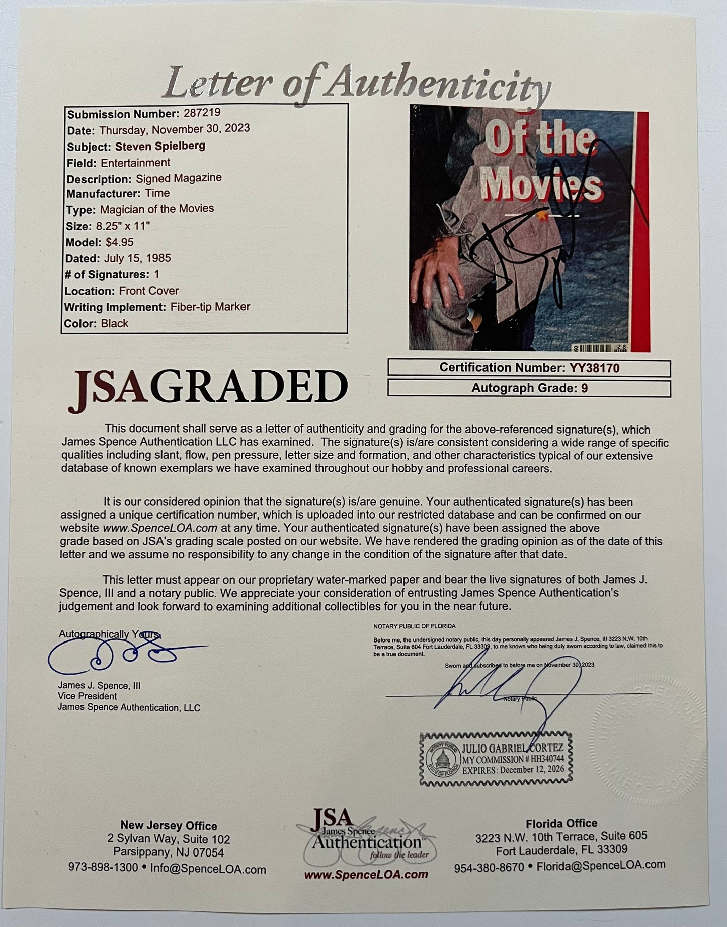 Steven Spielberg JSA Autograph Signed Time Magazine Raiders Of The Lost Ark