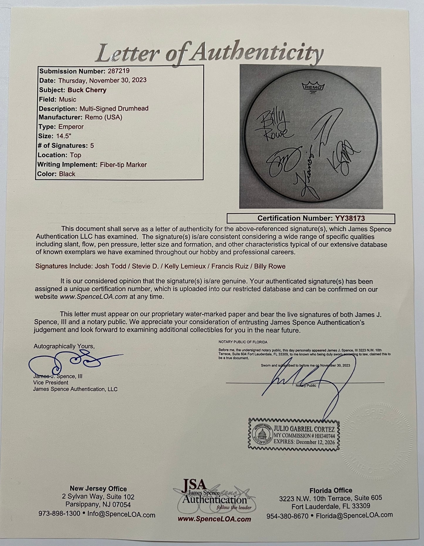 Buckcherry JSA Fully Autograph Signed Drum Head 14" Josh Todd