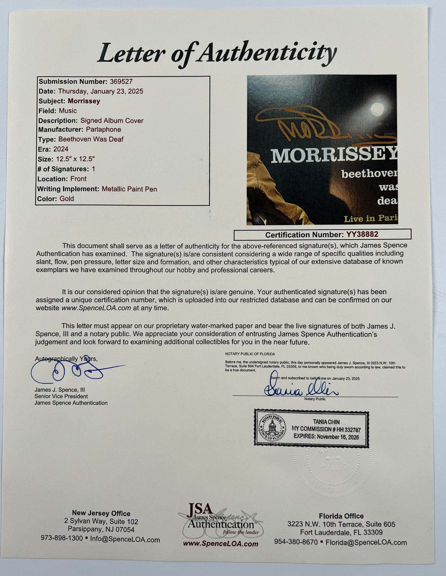 Morrissey JSA Signed Autograph Record Album Vinyl Beethoven Was Deaf