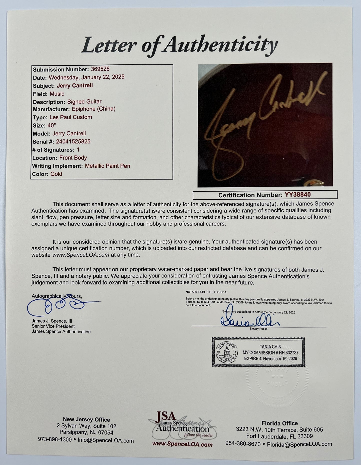 Jerry Cantrell JSA Autograph Signed Guitar Epiphone Alice In Chains NEW