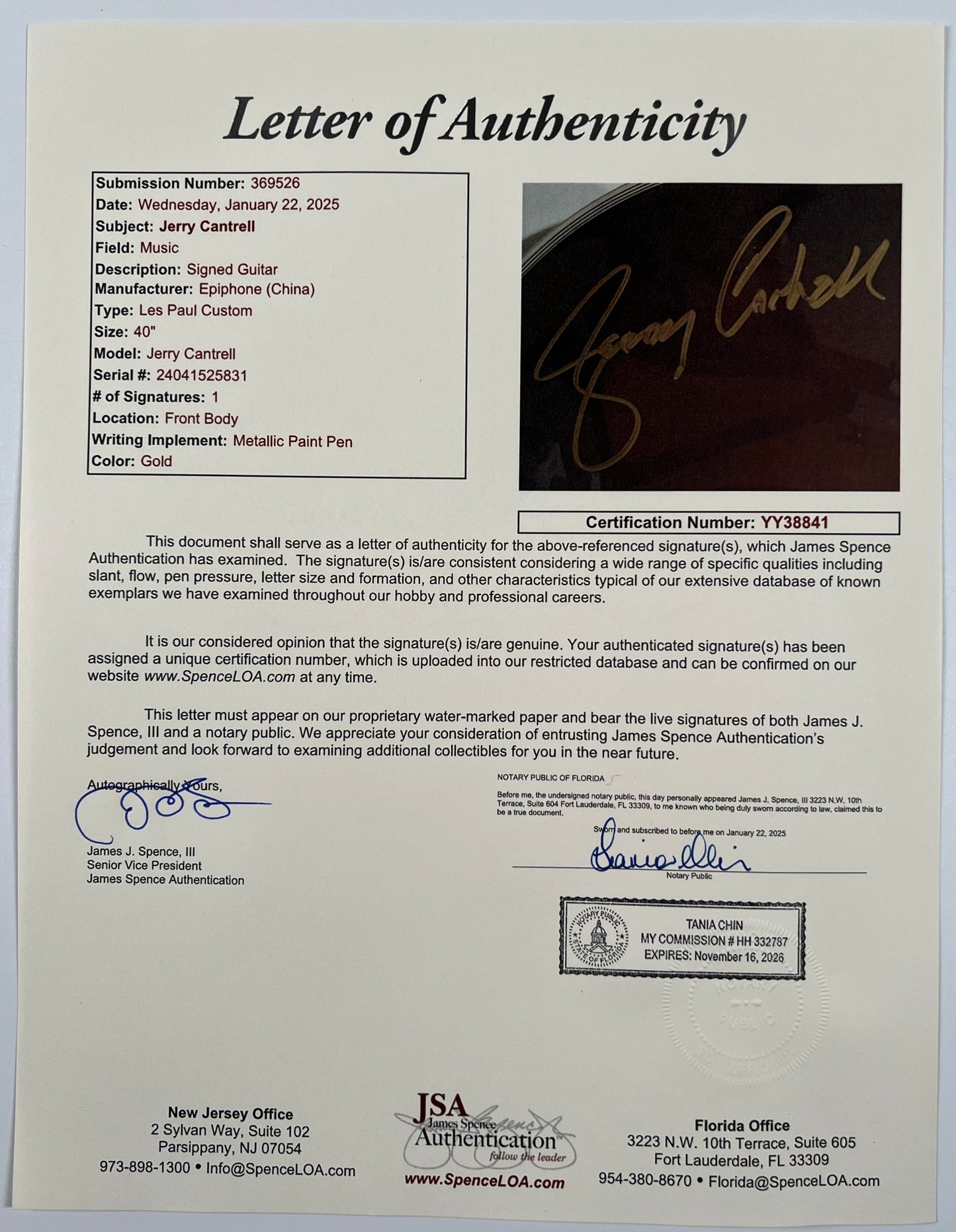 Jerry Cantrell JSA Autograph Signed Guitar Epiphone Alice In Chains