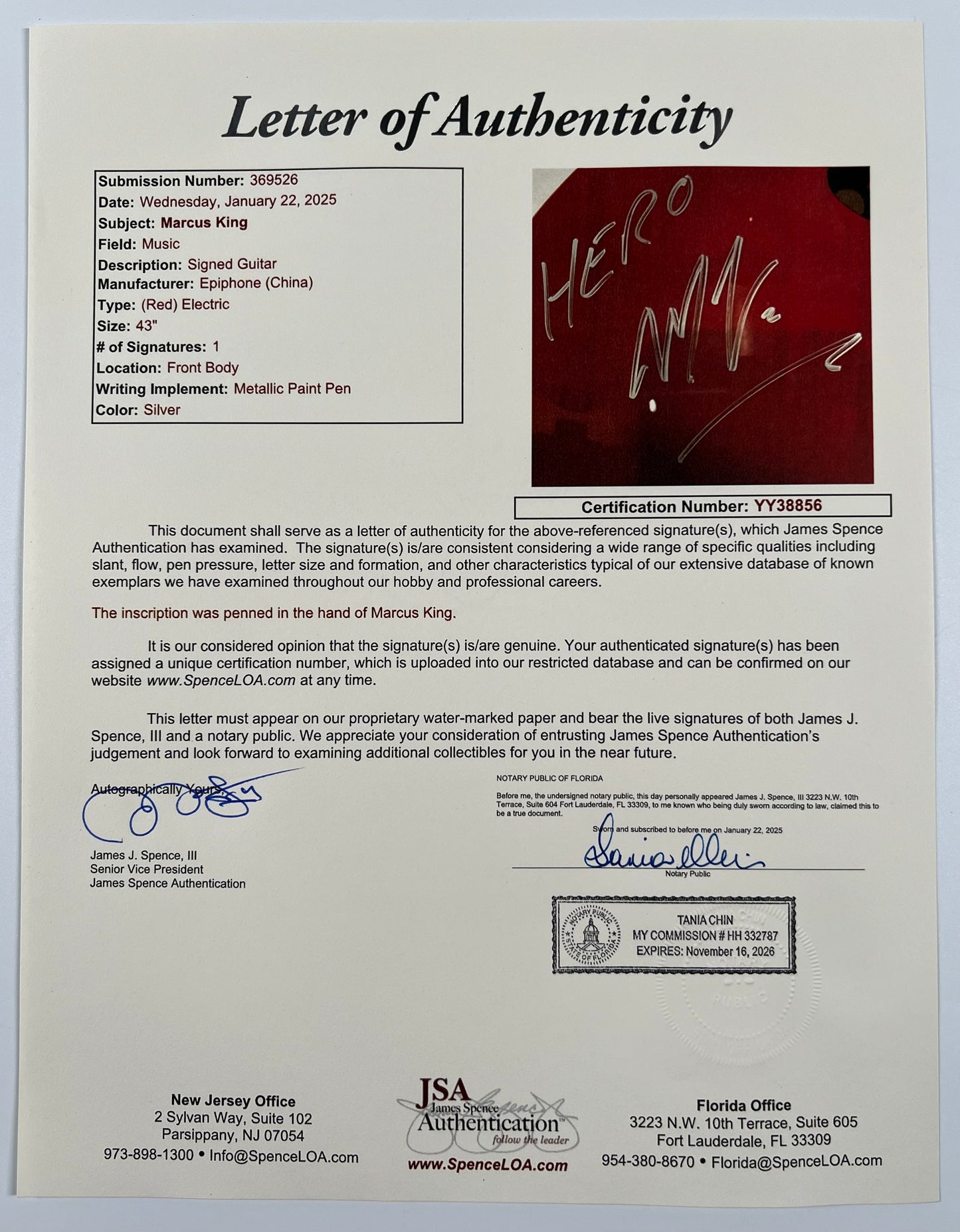 Marcus King JSA Autograph Signed Guitar Epiphone ES-335