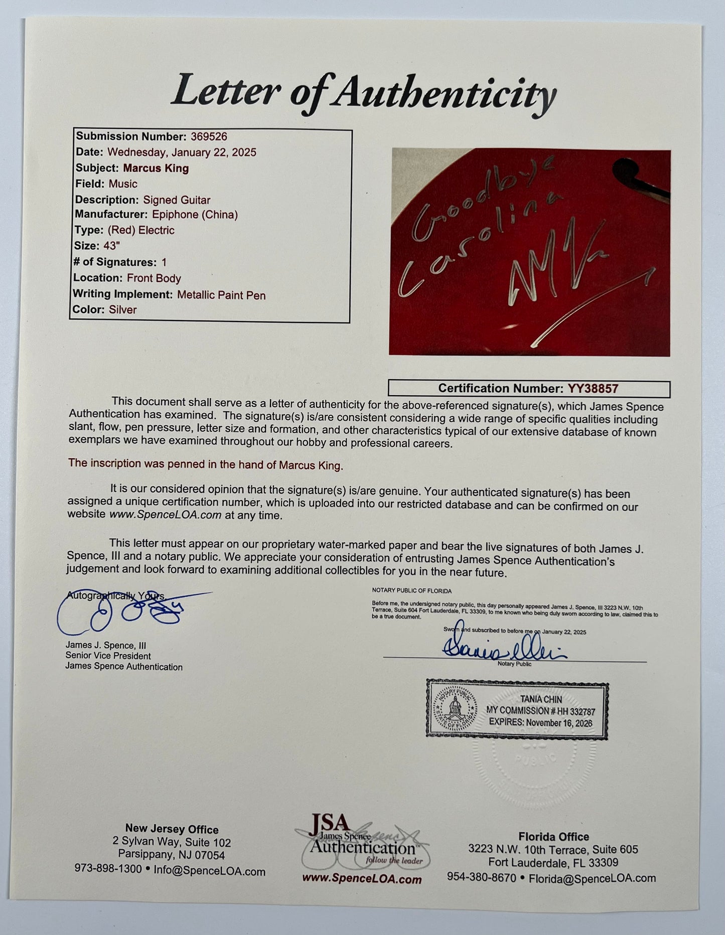 Marcus King JSA Autograph Signed Guitar Epiphone ES-335