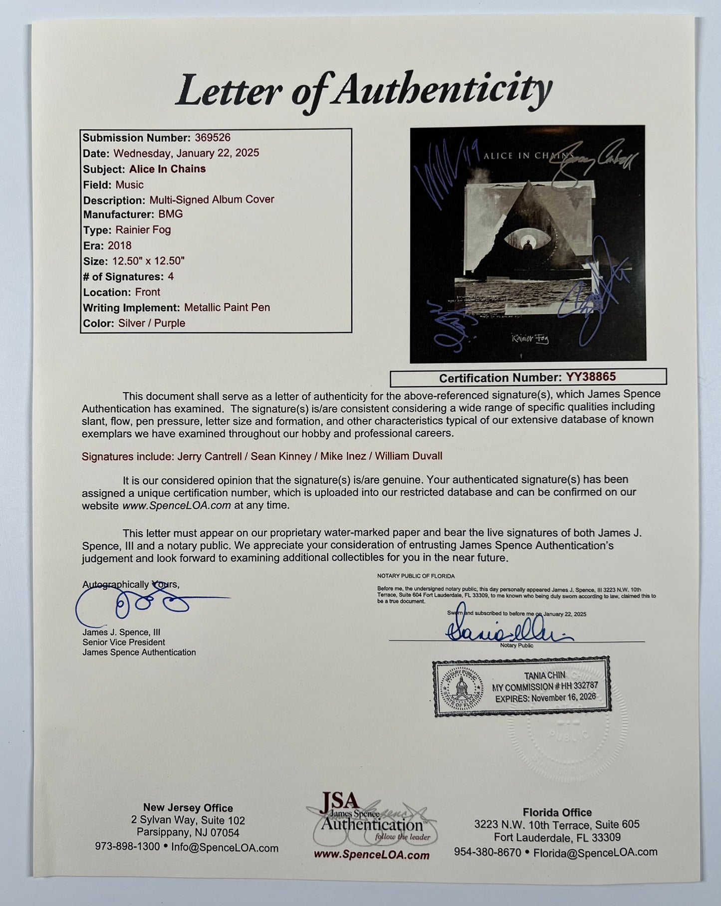 Alice In Chains JSA Fully Signed Autograph Vinyl Record Jerry Cantrell