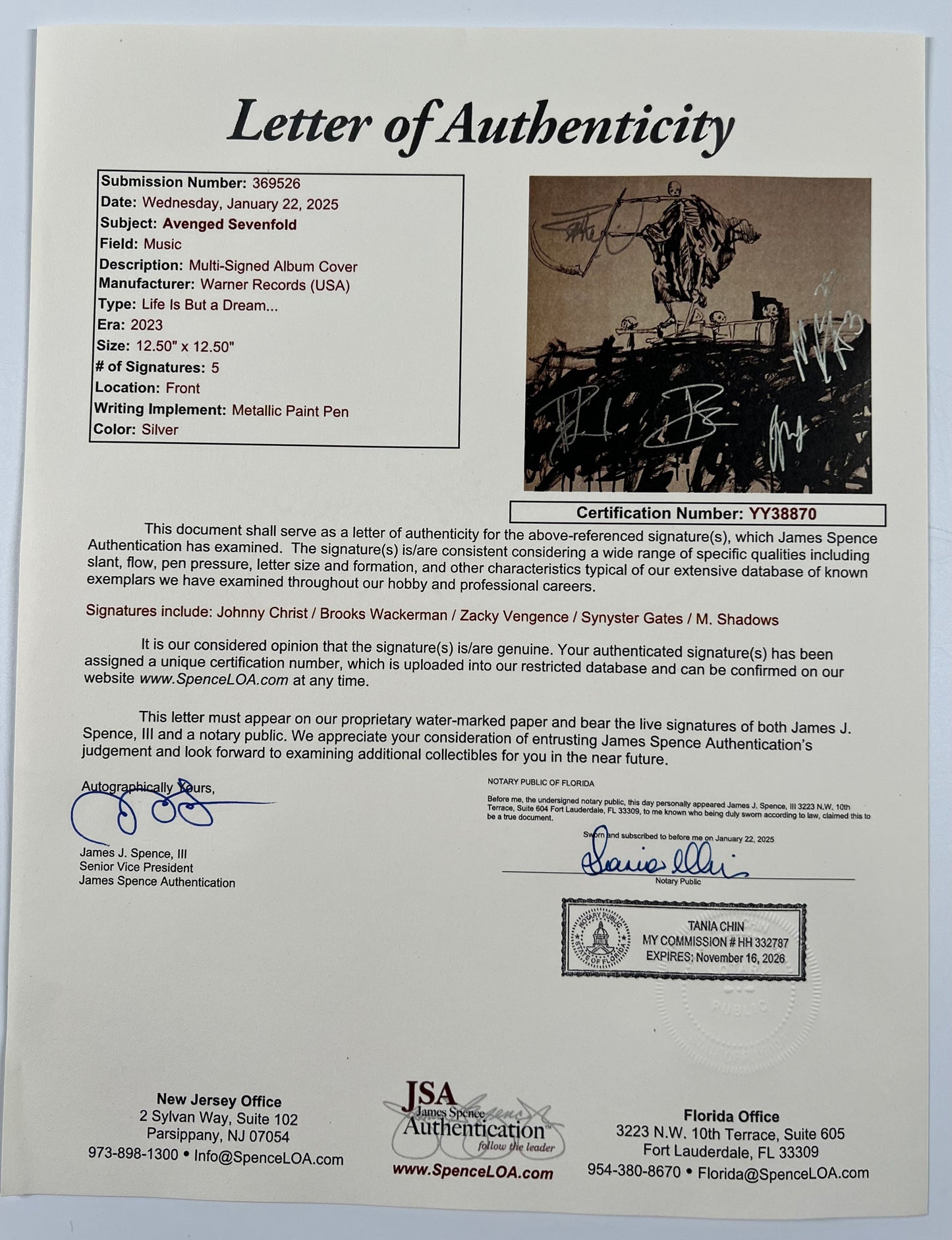 Avenged Sevenfold JSA Fully Signed Autograph Vinyl Record Life But A Dream