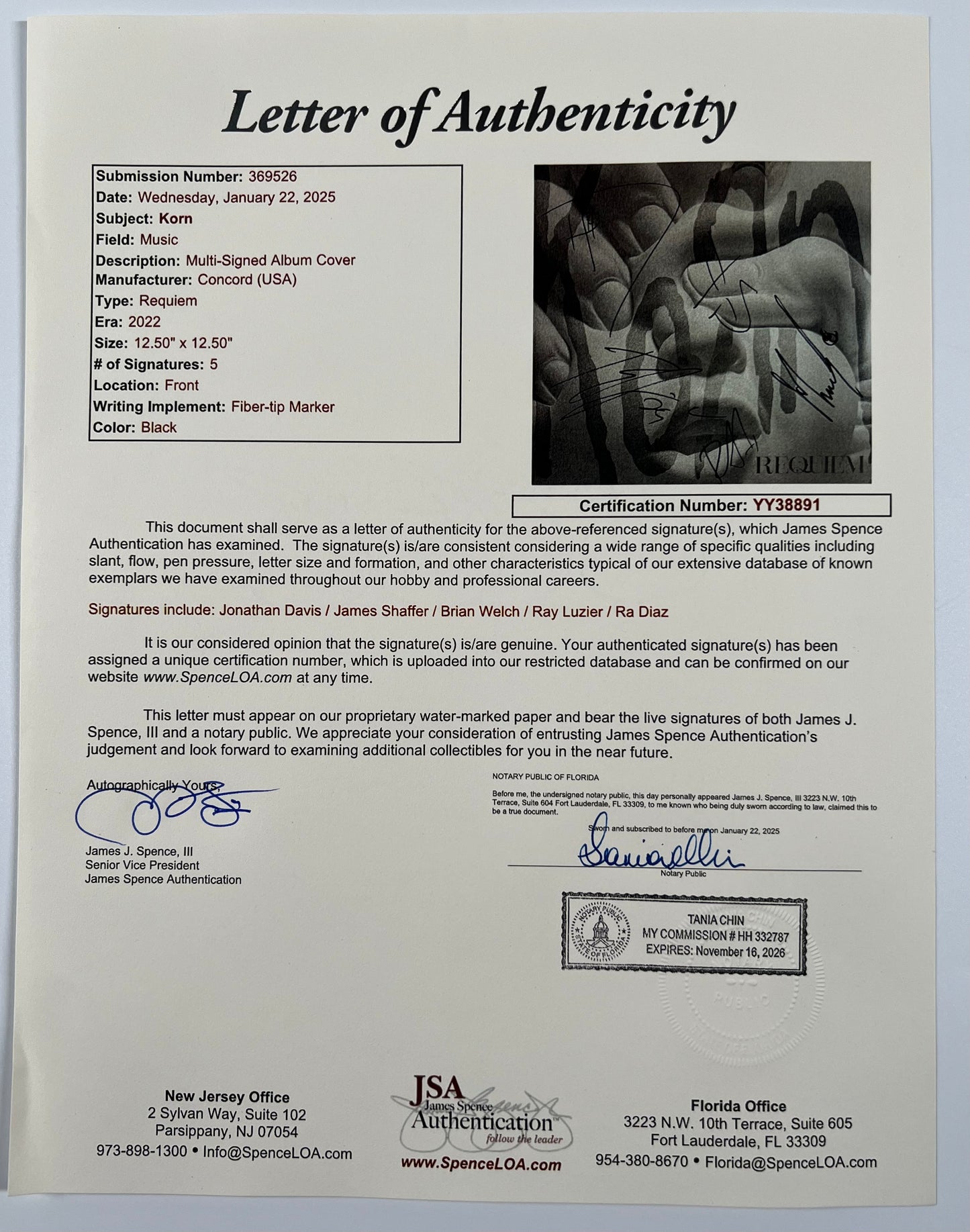 KORN JSA Fully Signed Autograph Vinyl Record Requiem Jonathan Davis +