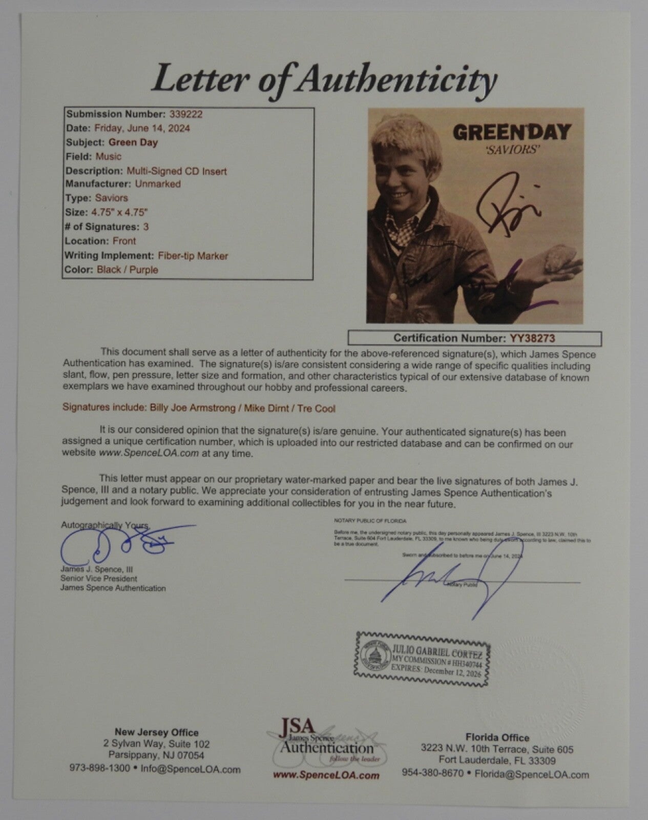 Green Day JSA Fully Signed Autograph CD Insert Saviors Billy Joe Tre Cool Mike