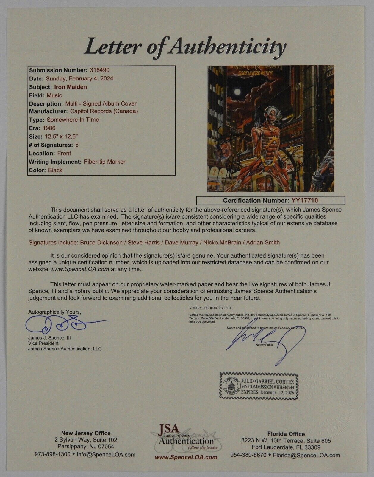 Iron Maiden JSA Autograph Signed Fully Signed Somewhere In Time Bruce Dickinson