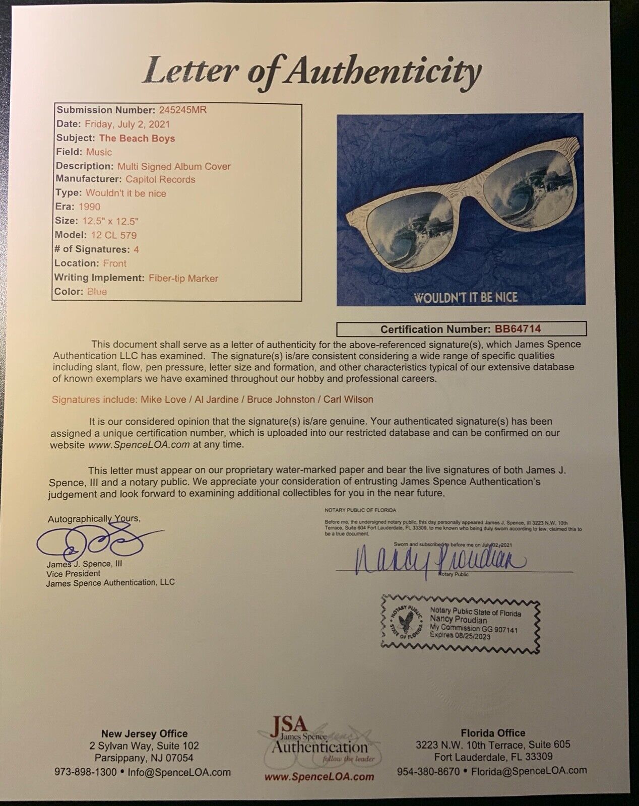 The Beach Boys JSA Signed Autograph Album LP 12" Wouldn't It Be Nice