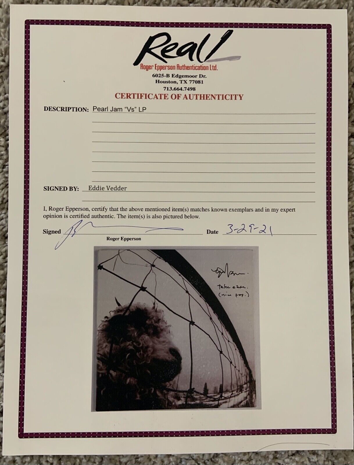 Eddie Vedder JSA Epperson Signed Autograph Album Record Vinyl REAL Pearl Jam