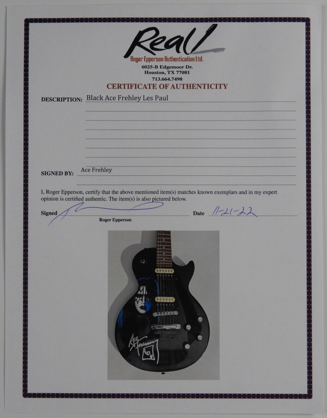 Ace Frehley Guitar KISS Signed Autograph Epiphone Guitar Roger Epperson REAL