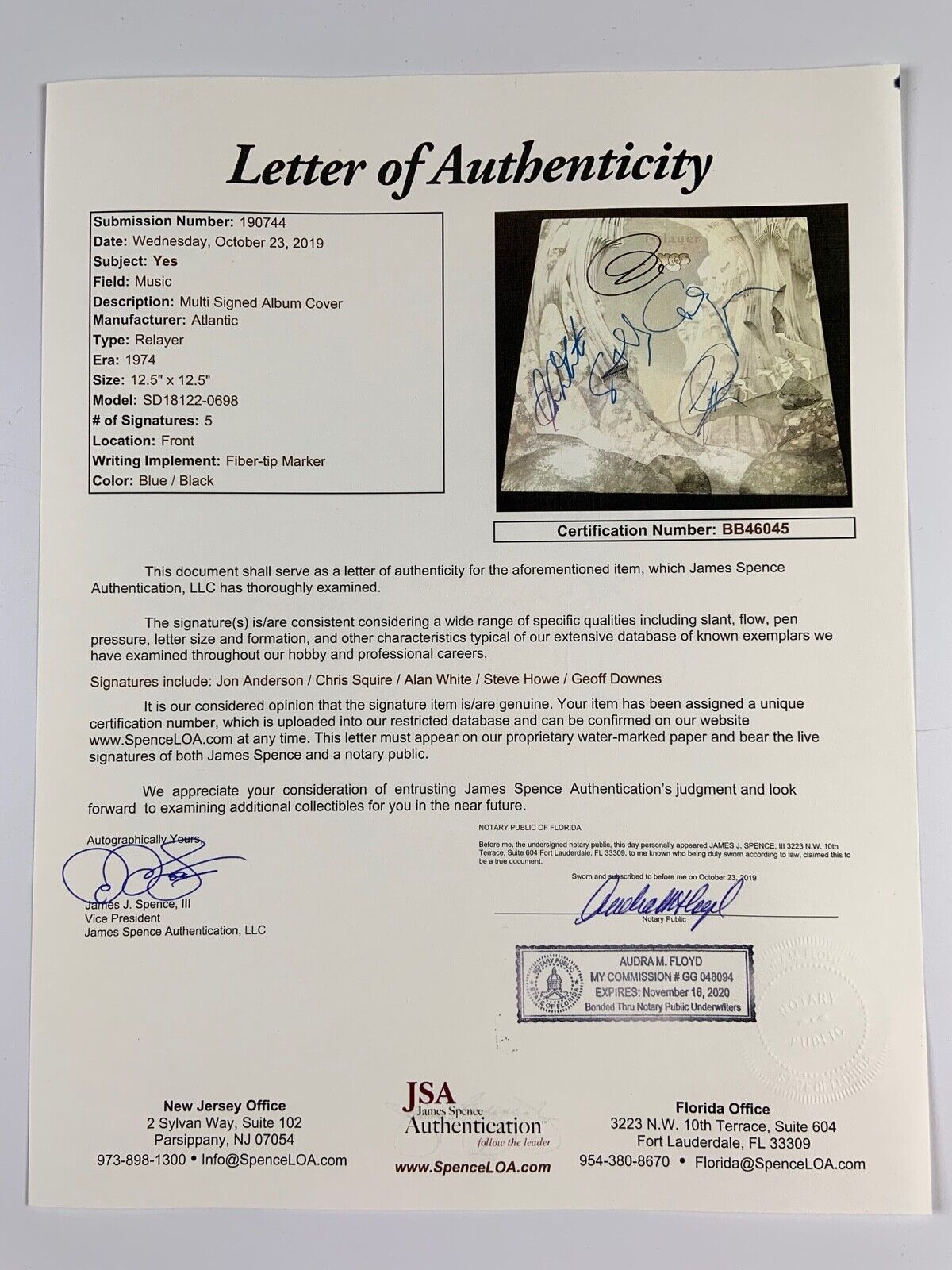 YES JSA Signed Autograph Album Record Vinyl Jon Anderson Chris Squier Relayer