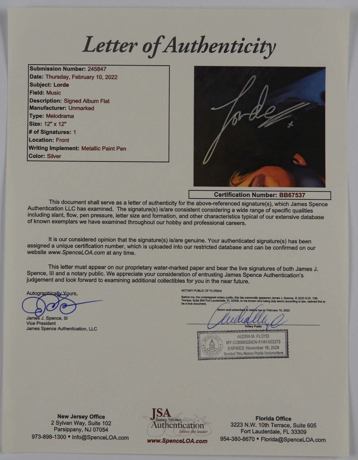 Lorde Autograph JSA Signed 12 x 12 Lithograph Solar Power