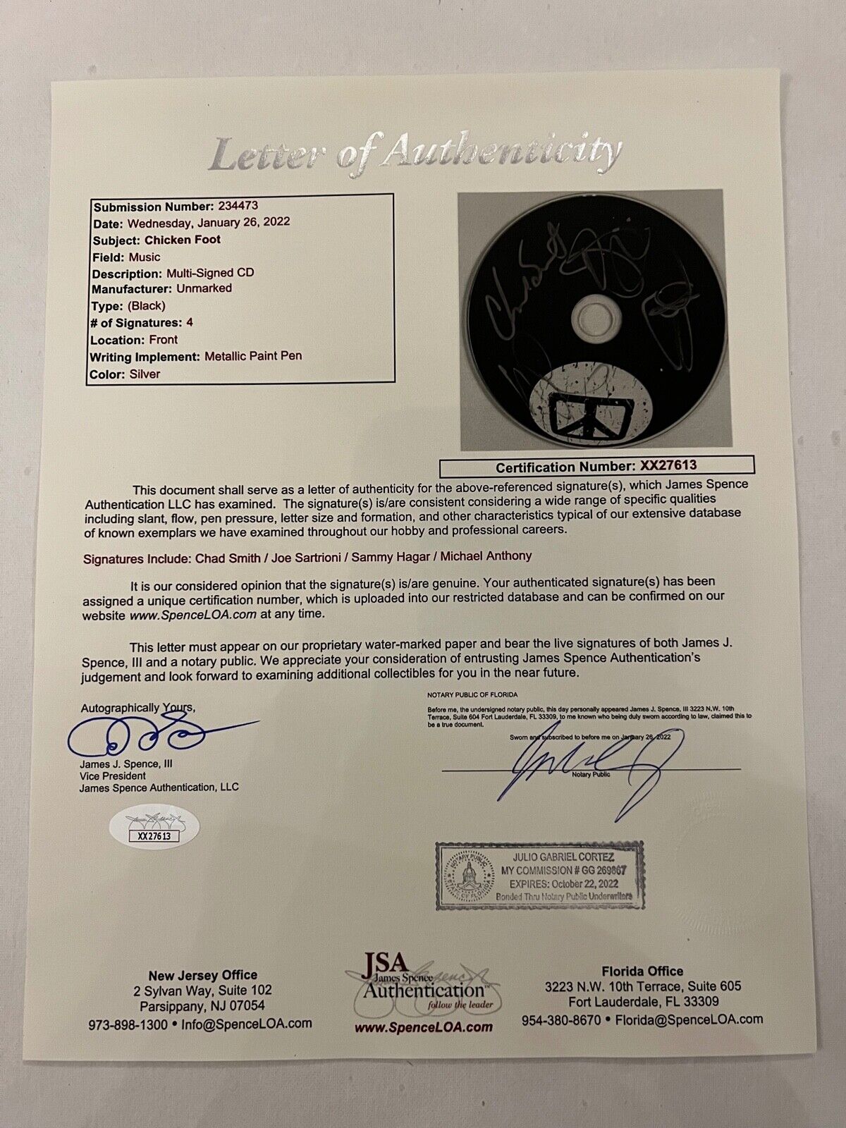 Chicken Foot JSA Fully Autograph Signed CD Sammy Hagar Michael Anthony Chad Joe