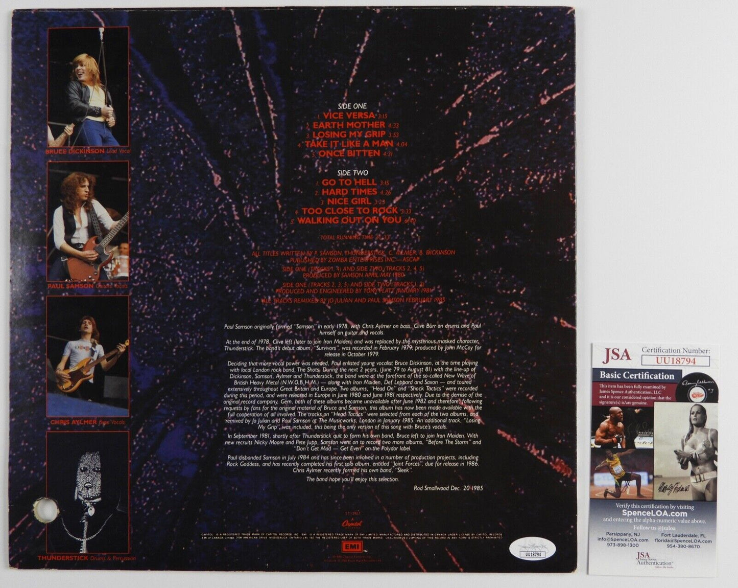 Samsom Bruce Dickinson JSA Autograph Signed Record Album Vinyl Head Tactics