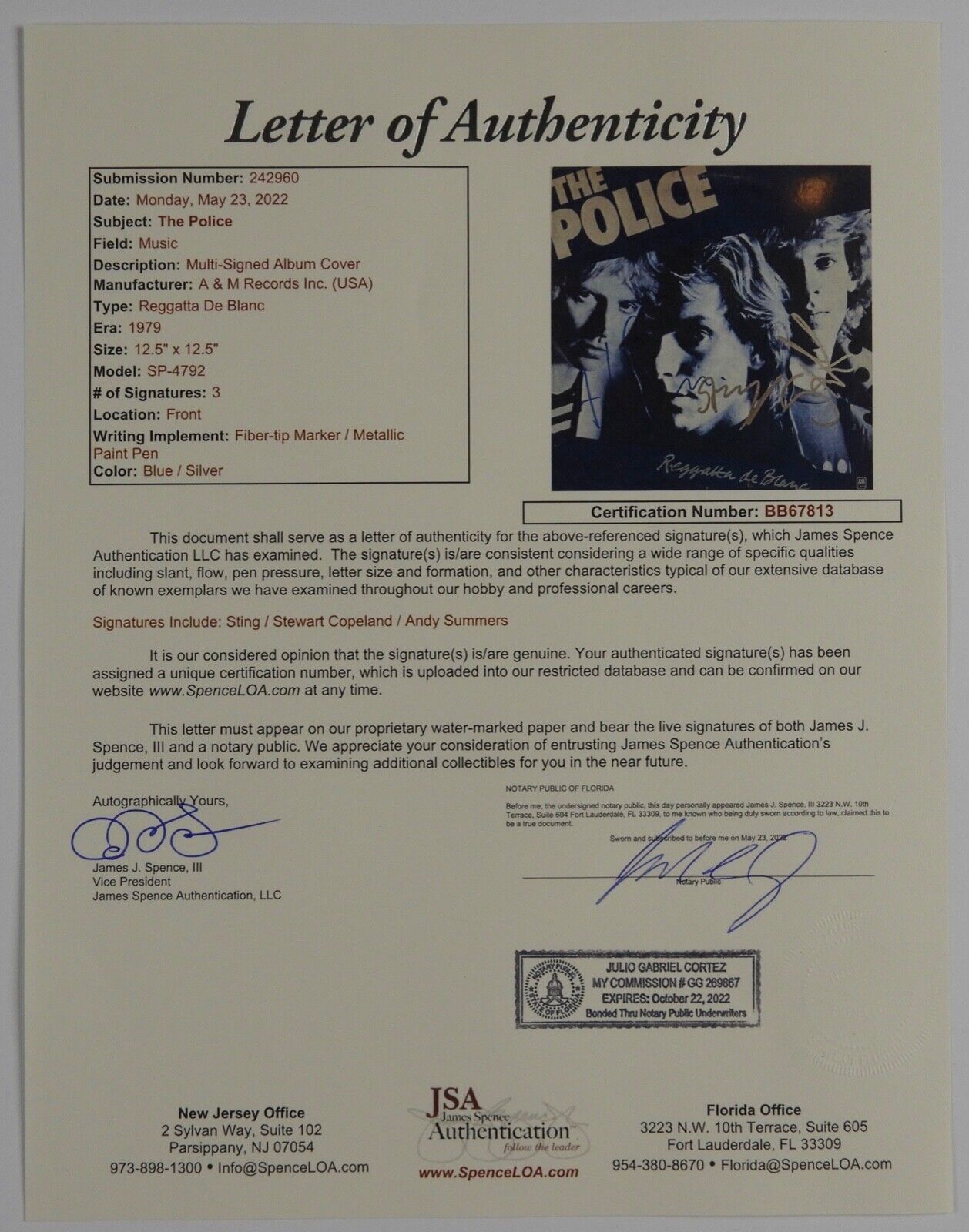 The Police JSA Signed Autograph Vinyl Album Reggatta De Blanc Sting, Andy, Stu