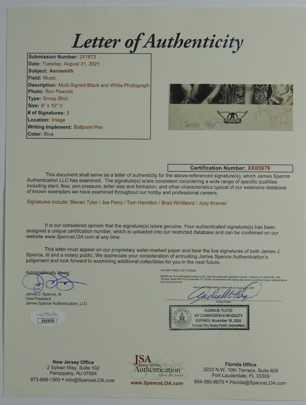 Aerosmith Autograph JSA Signed 8 x 10 Promo Photo Joe Perry Steven Tyler + Fully