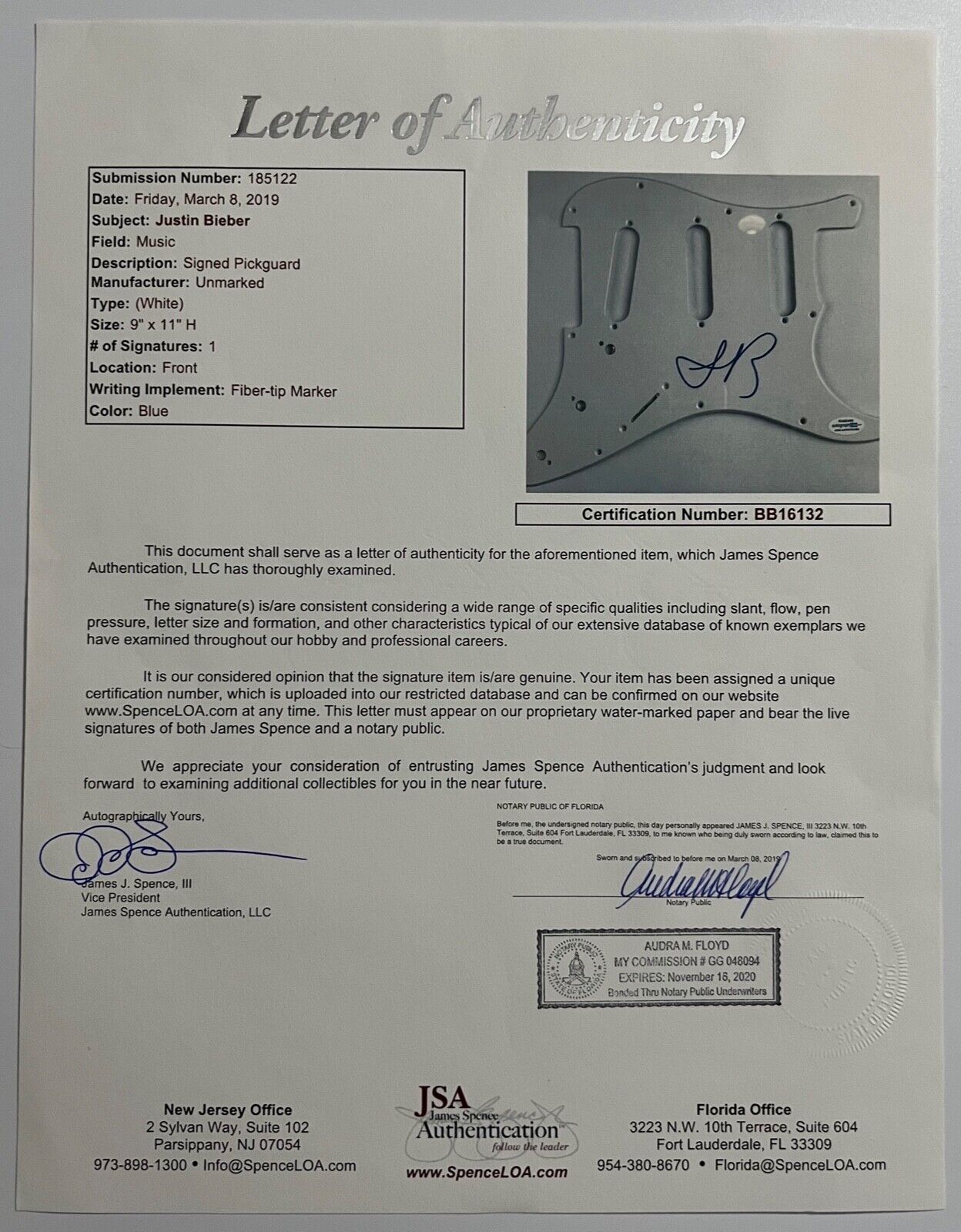 Justin Bieber JSA ACOA Autograph Signed Stratocaster Guitar Full Letter COA