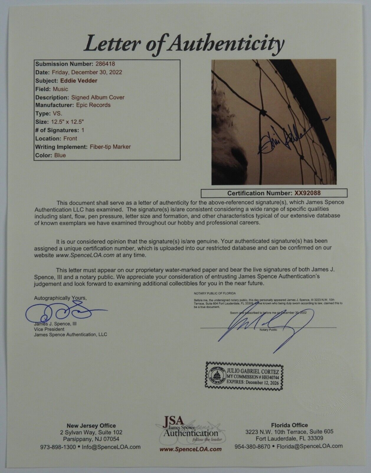 Eddie Vedder JSA Signed Autograph Pearl Jam Album Record Vinyl Vs