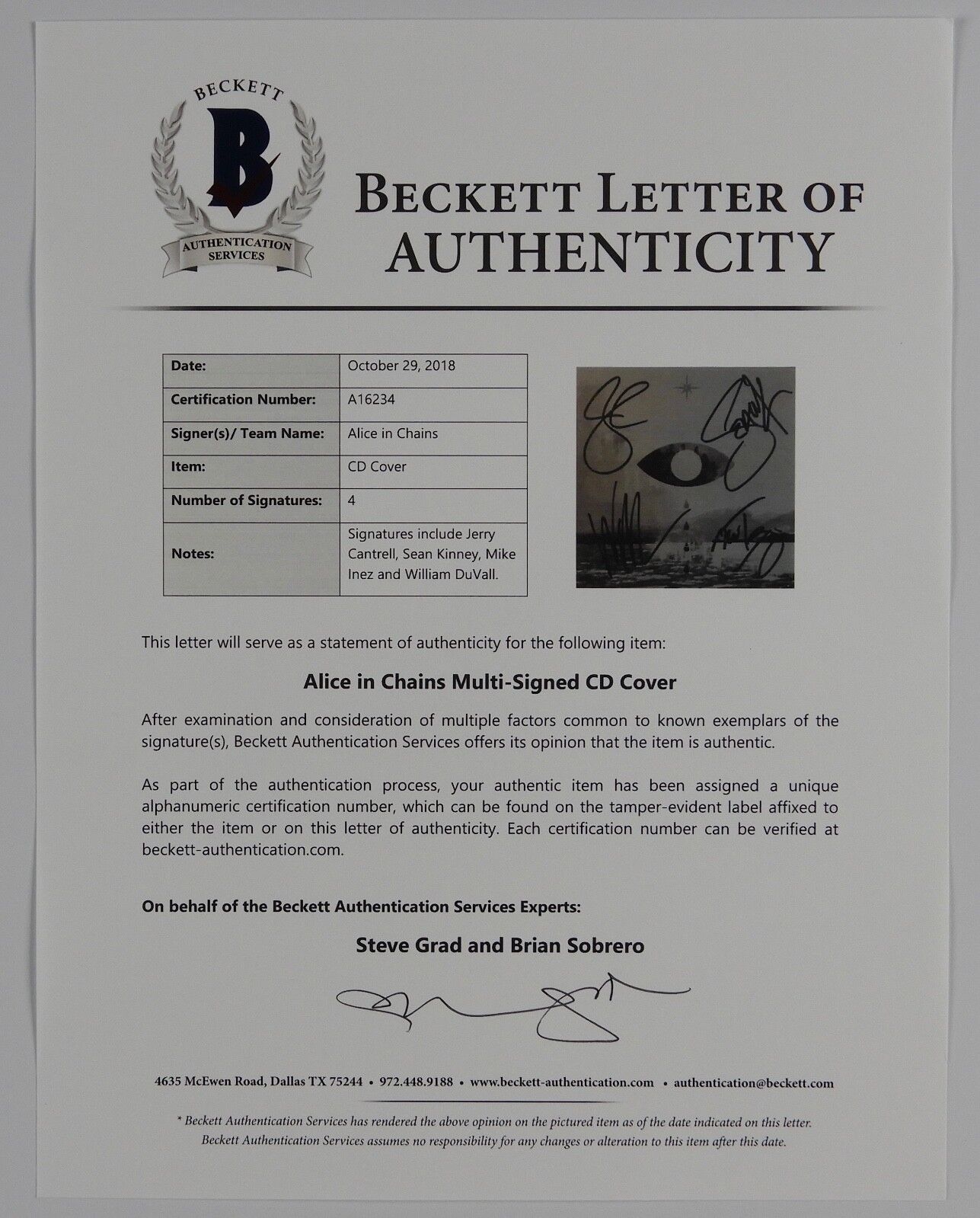 Alice In Chains Full Band signed Beckett autograph CD Booklet Rainier Fog