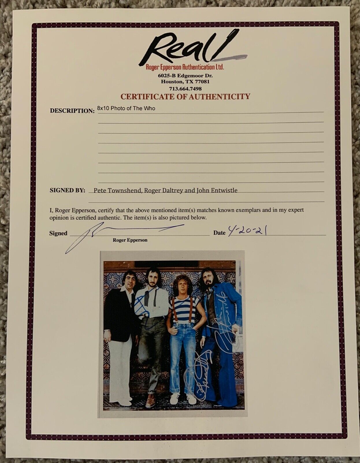 The Who Autograph REAL Signed 8 x 10 Roger Daltrey Pete Townshend John Entwistle
