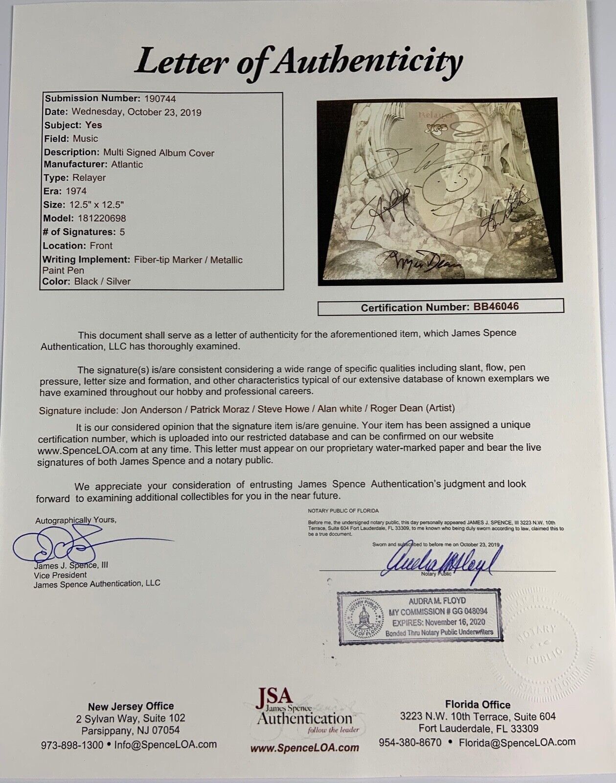 YES JSA Signed Autograph Album Record Vinyl Jon Anderson Steve Howe Relayer