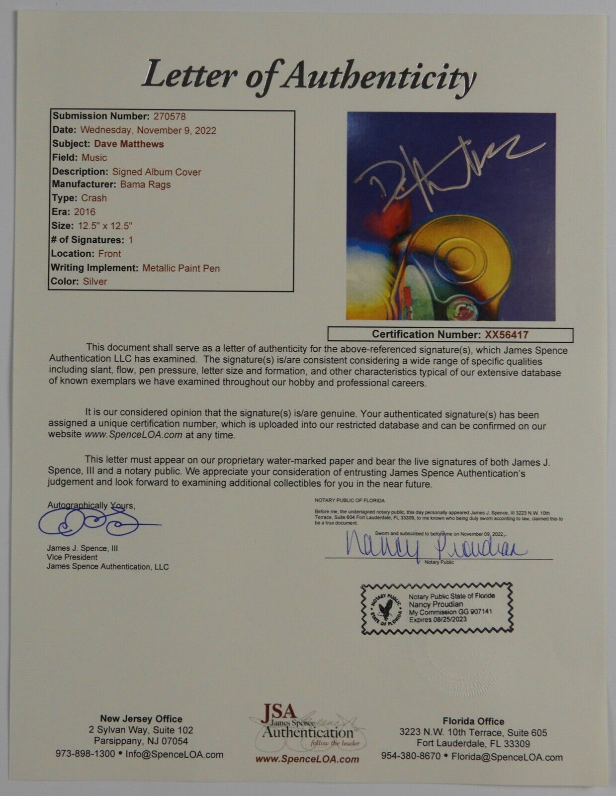 Dave Matthews Band JSA Autograph Signed Record Album Crash