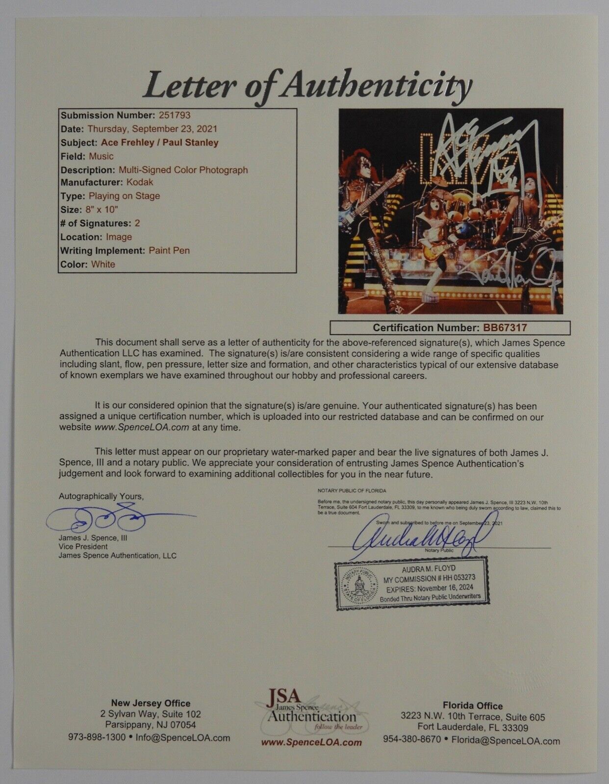 KISS Paul Stanley Ace Frehley Signed JSA Signed Autograph 8 x 10 Photo