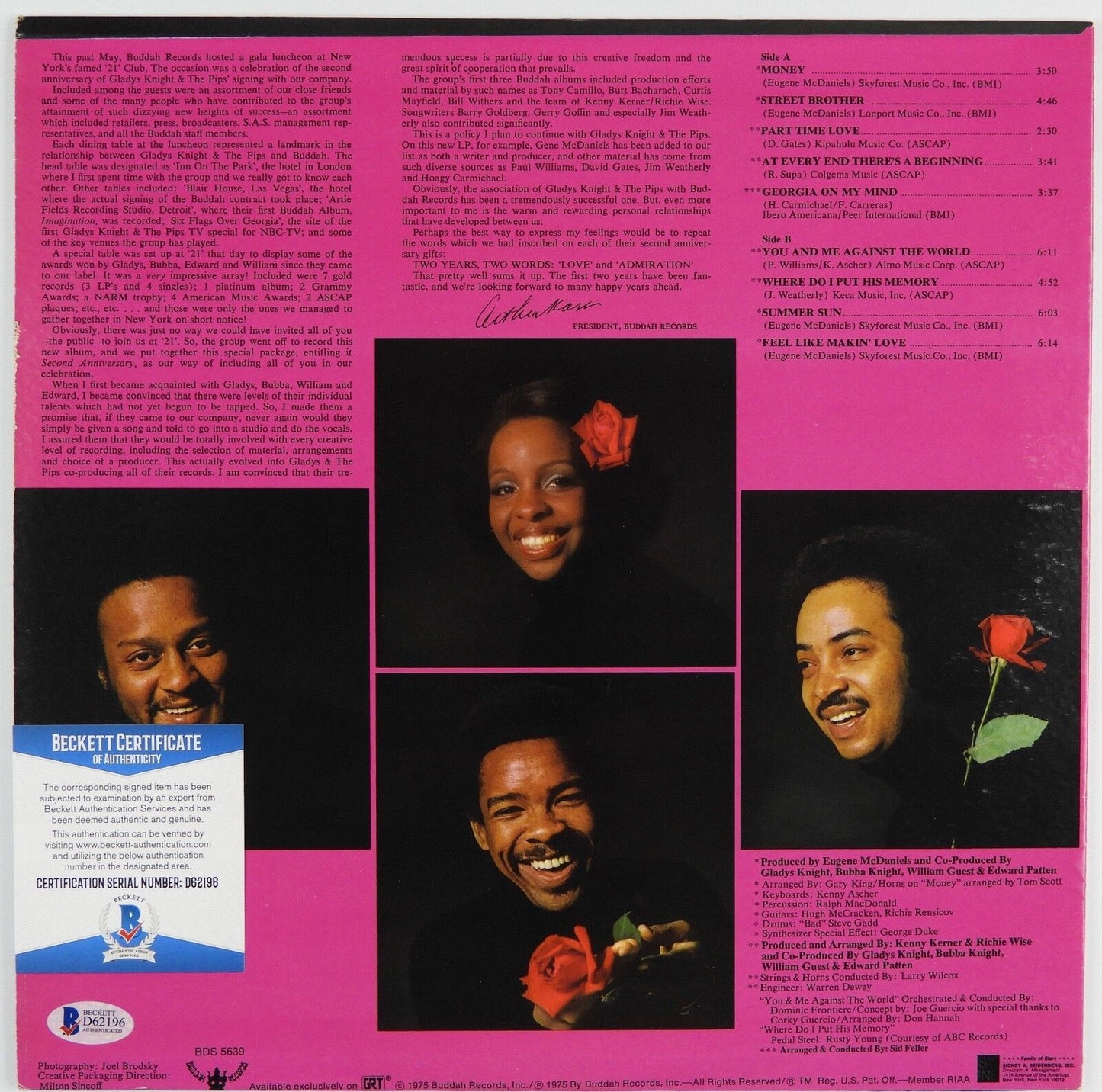 Gladys Knight Pips Signed Autograph Record Vinyl Album Beckett BAS 2nd Ann