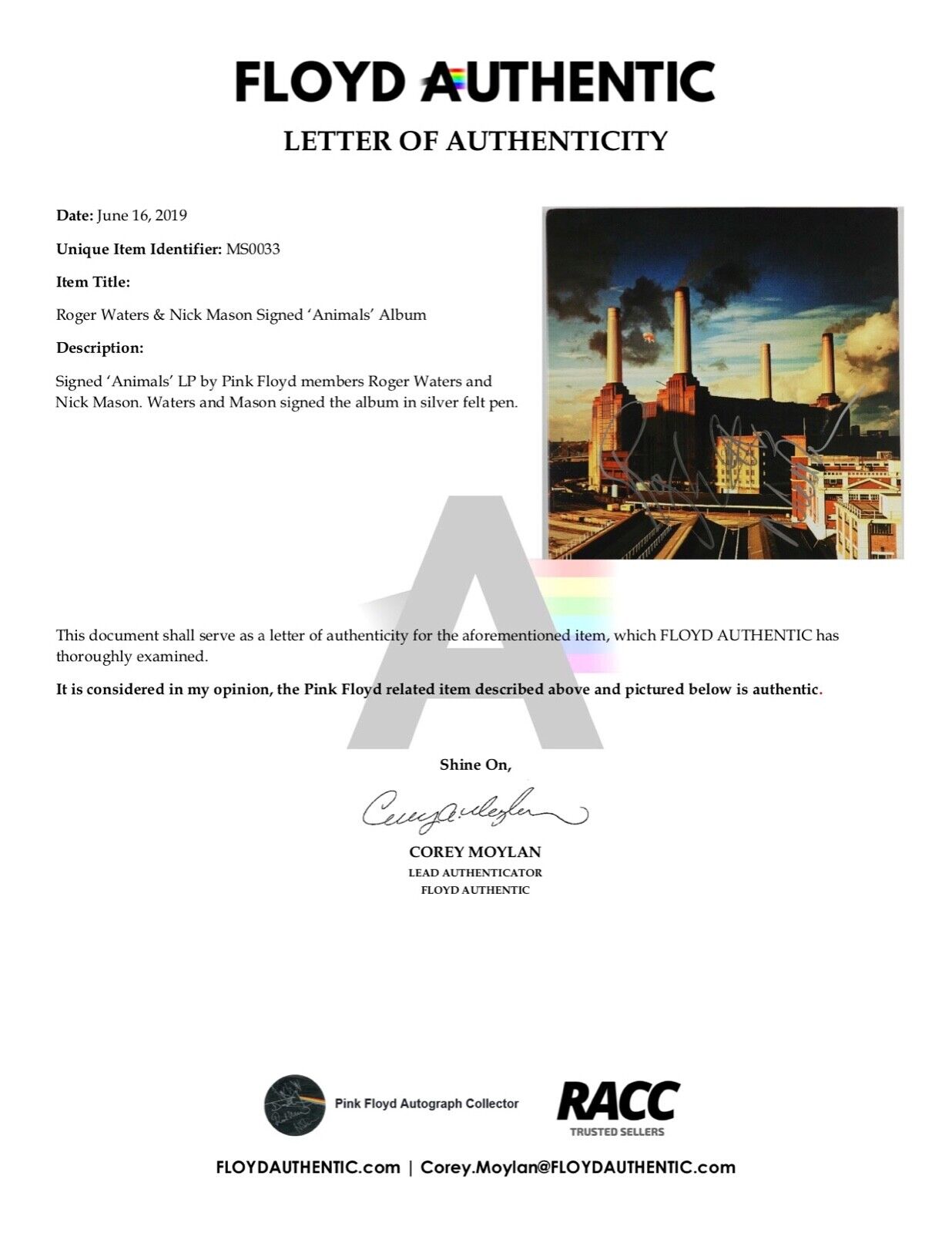 JSA Pink Floyd Roger Waters Nick Mason Animals Signed Autograph Record Album