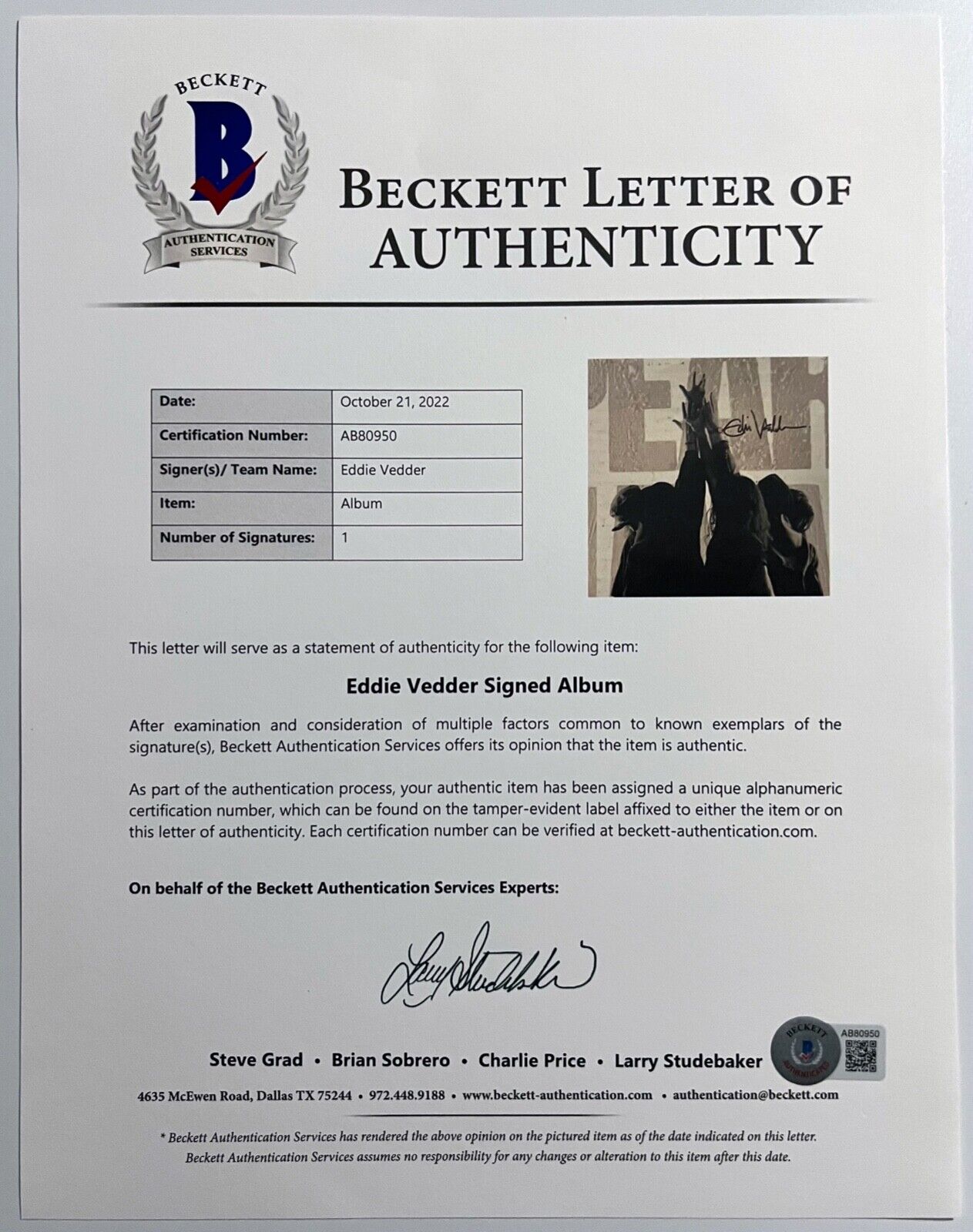 Eddie Vedder Beckett Signed Autograph Pearl Jam 10 Album Record Vinyl