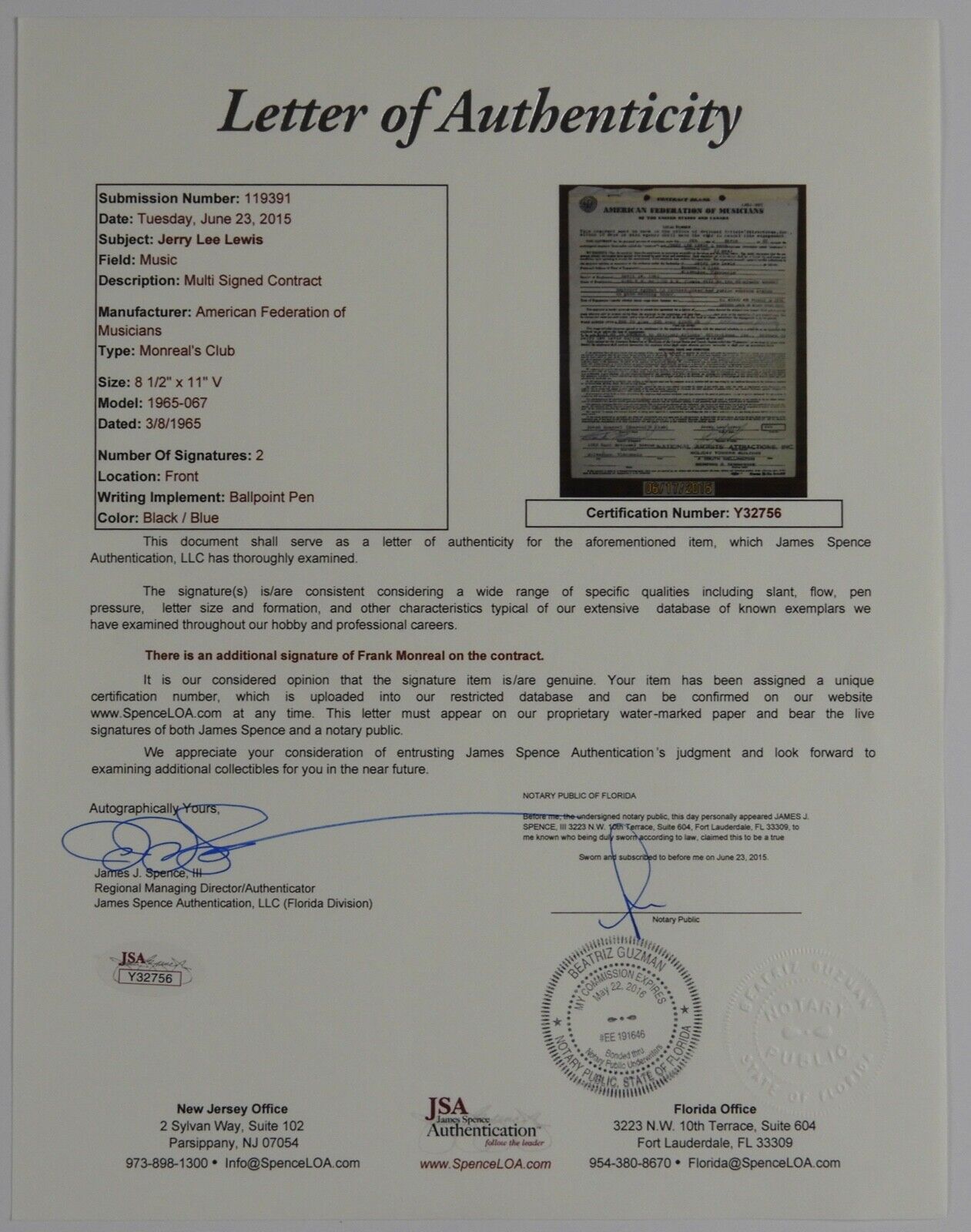 Jerry Lee Lewis JSA Signed Autograph Contract 1965 Milwaukee, WI