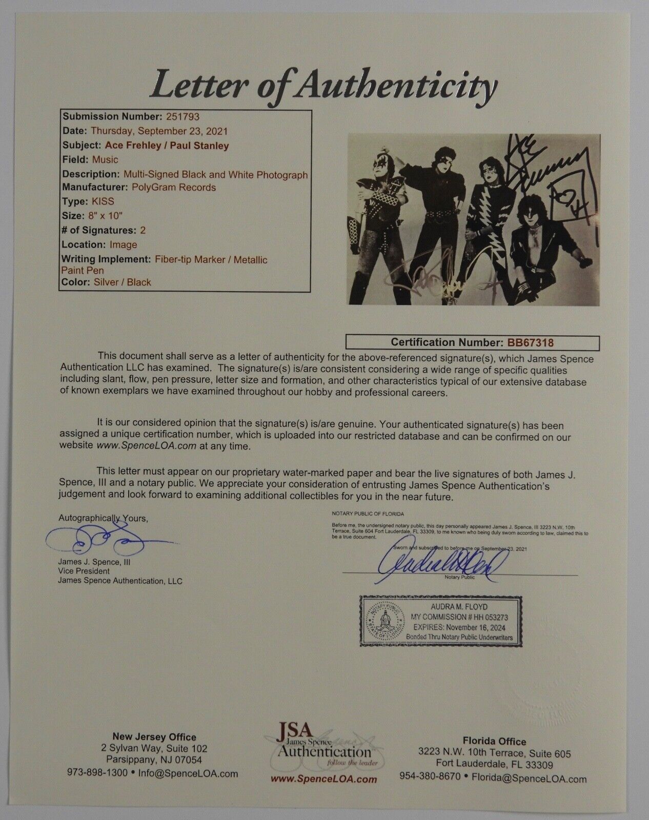 KISS Paul Stanley Ace Frehley Signed JSA Signed Autograph 8 x 10 Photo