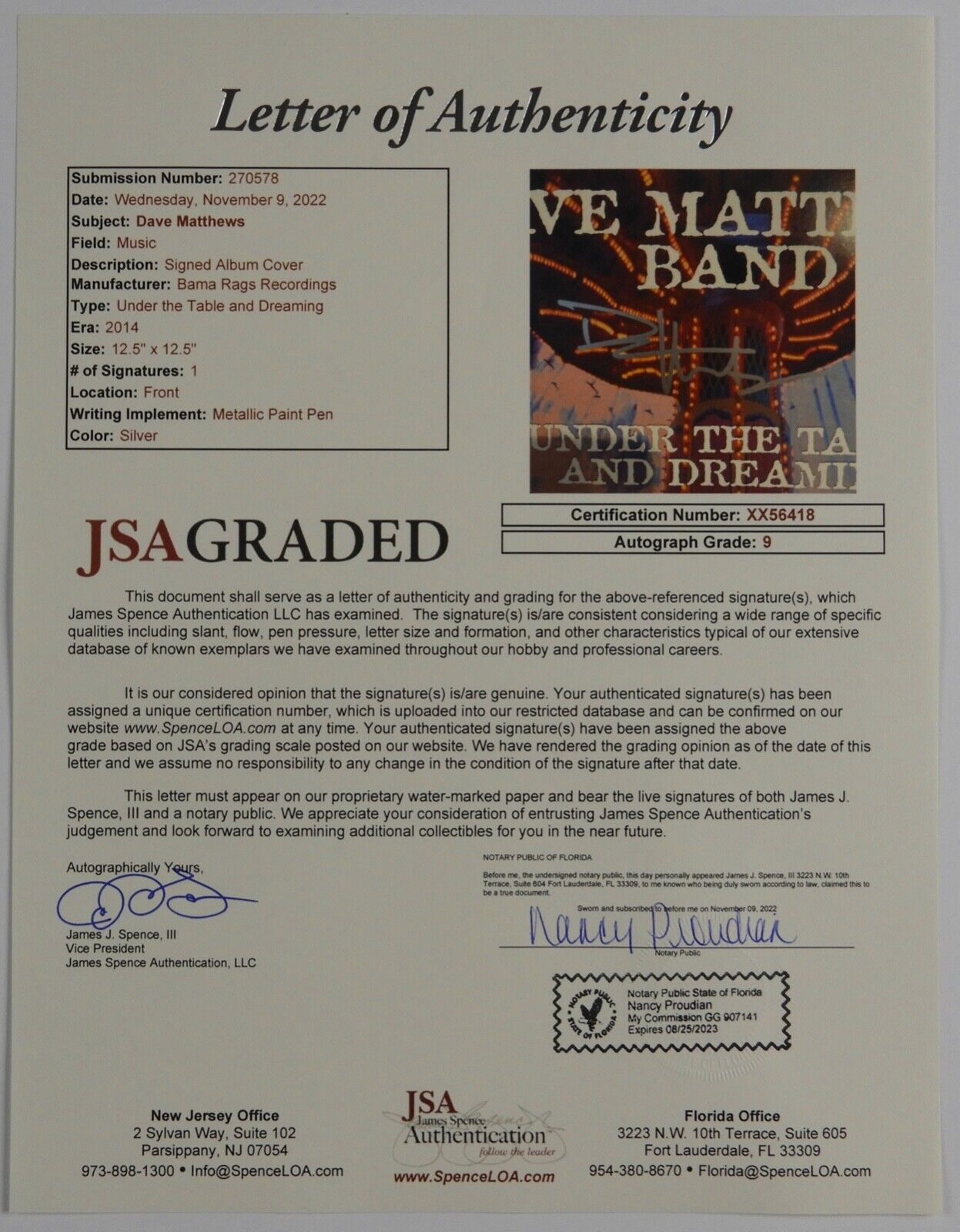 Dave Matthews Band JSA Autograph Signed Record Album Under The Table & Dreaming