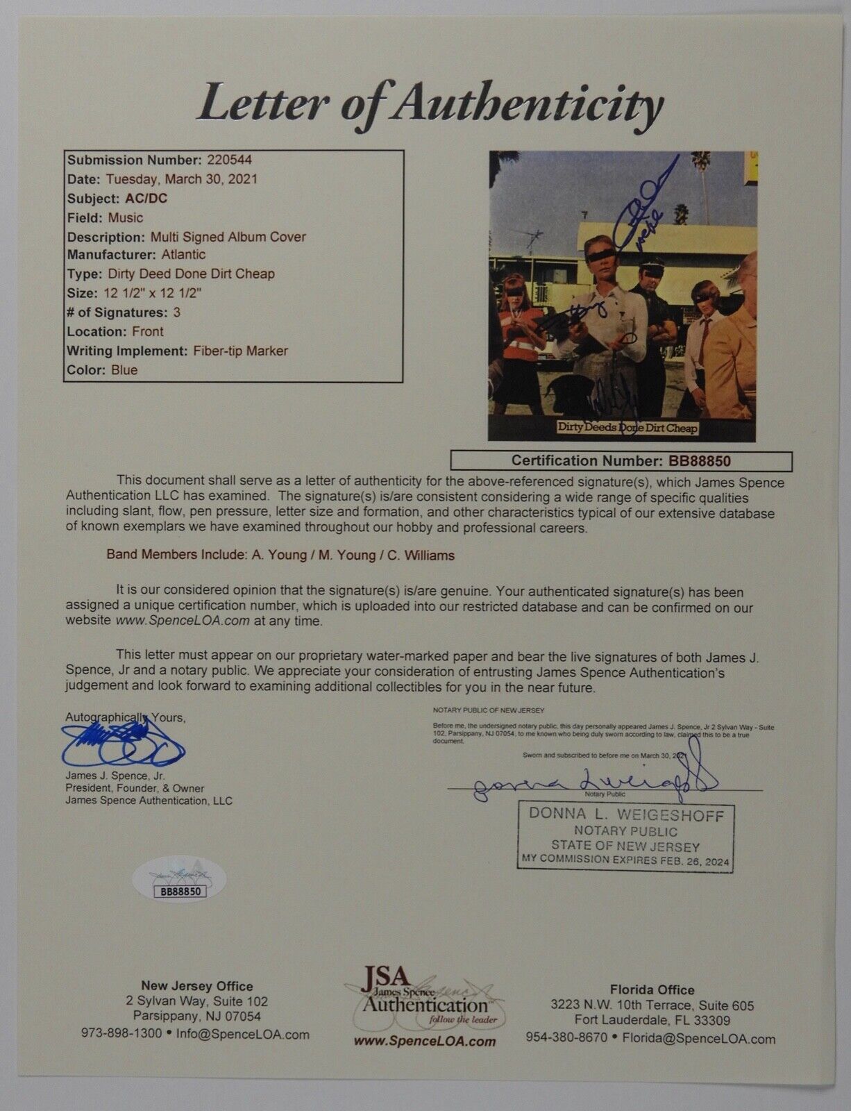 AC/DC JSA Signed Autograph Album Vinyl Record Dirty Deeds Angus Young +