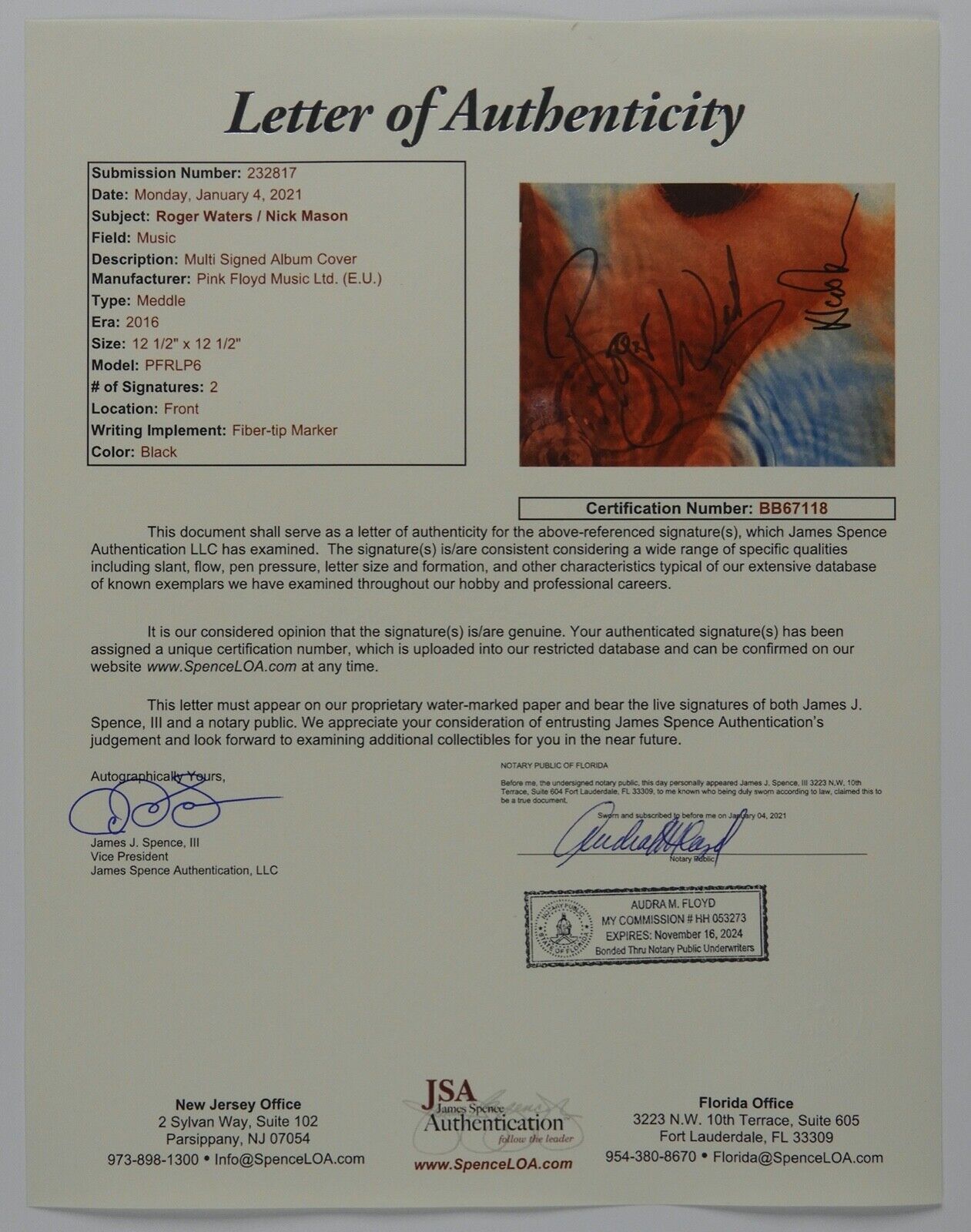 Pink Floyd Roger Waters Nick Mason Meddle Signed Autograph Album JSA Vinyl