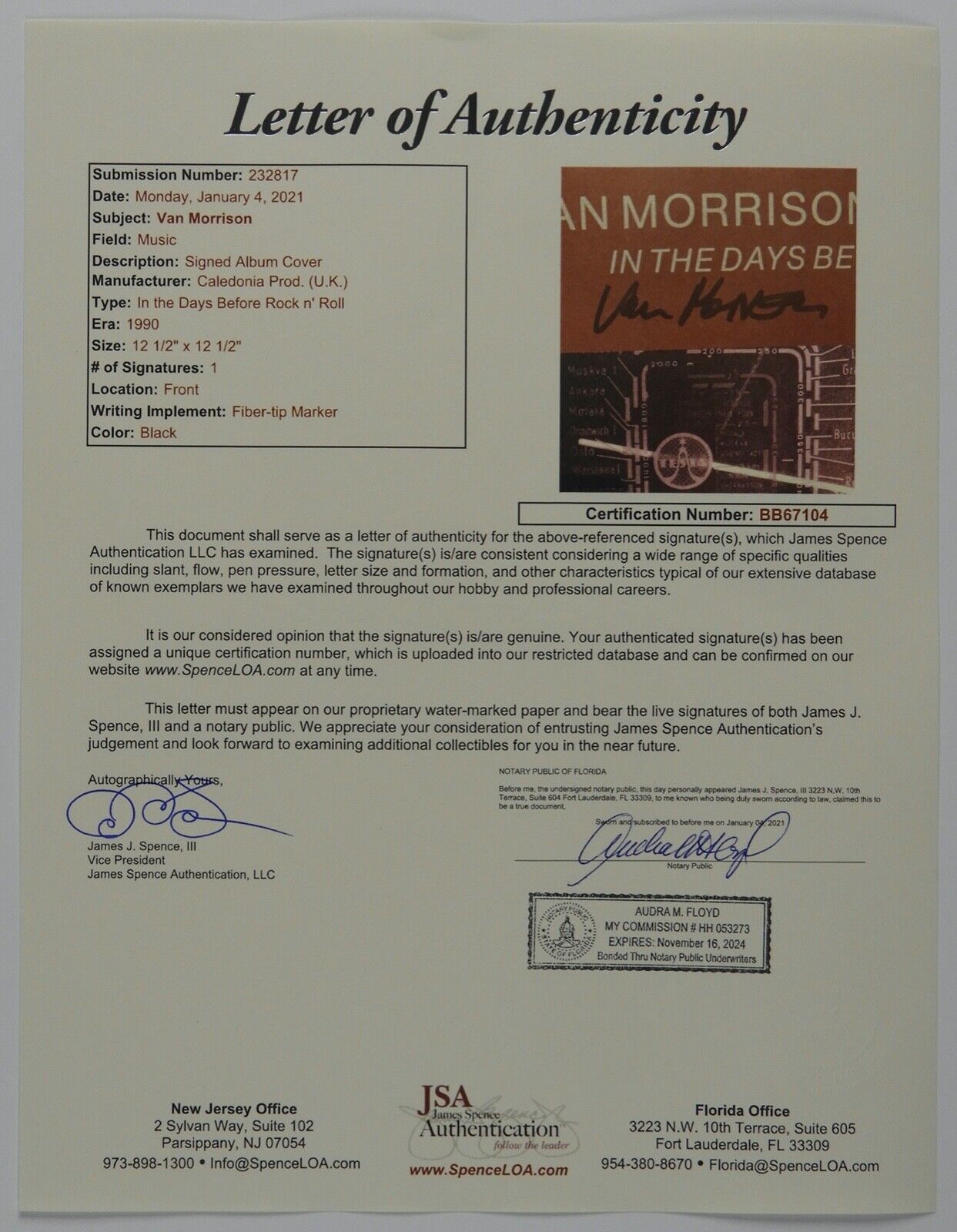 Van Morrison JSA Signed Autograph Album Record Vinyl In The Days Before R&R