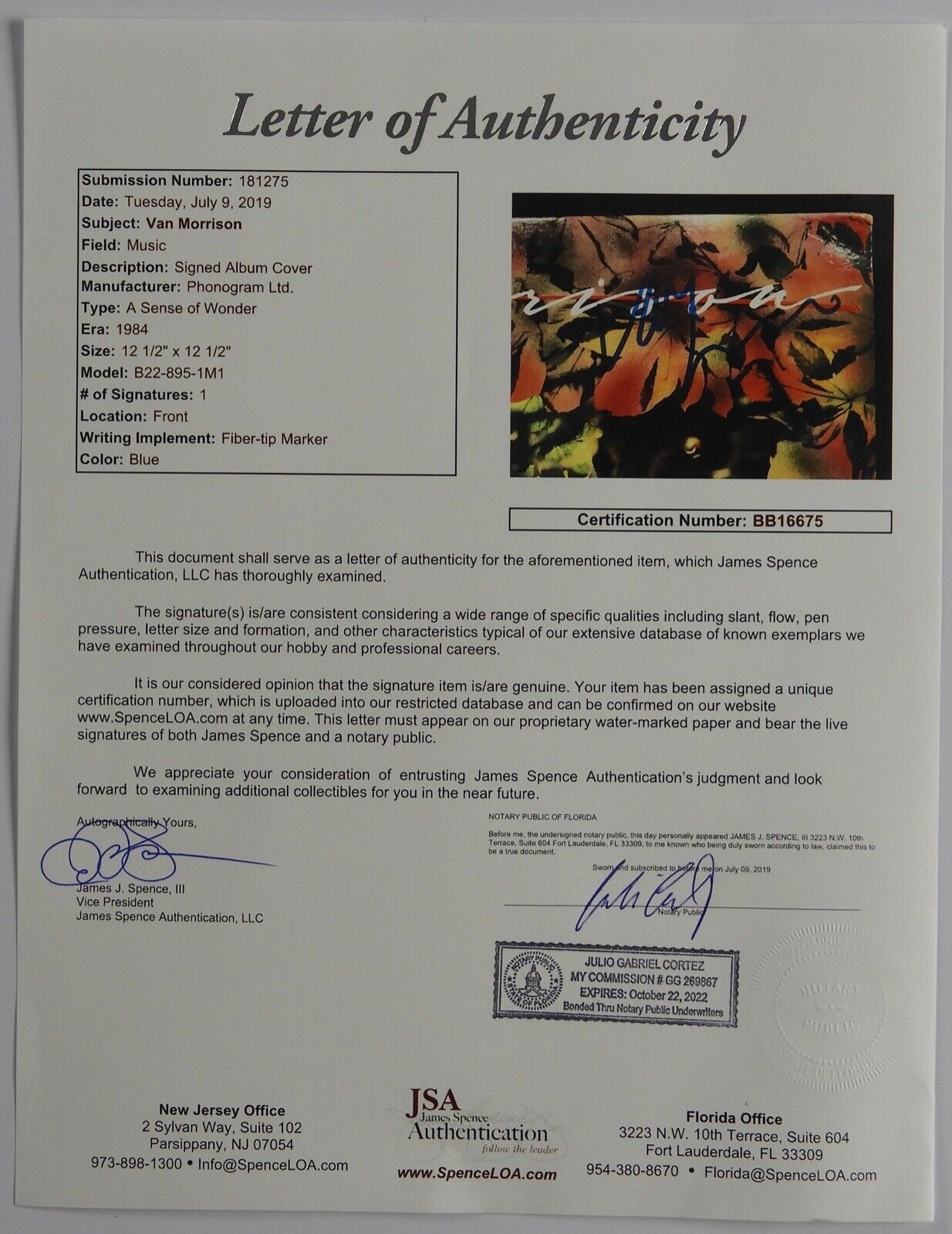 Van Morrison JSA Signed Autograph Record Album Vinyl Irish A Sense Of Wonder