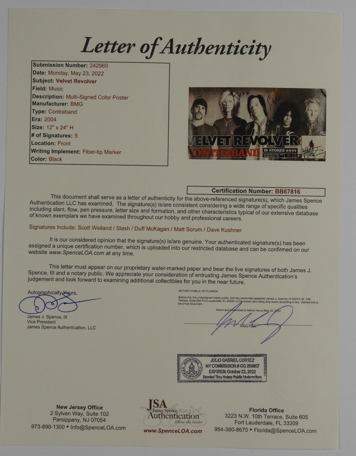 Velvet Revolver JSA Autograph Fully Signed 12" x 24" Poster Slash Duff McKagan +