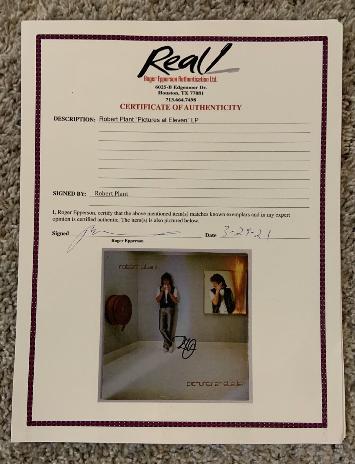 Robert Plant JSA Epperson Signed Autograph Album Record Vinyl REAL Led Zeppelin