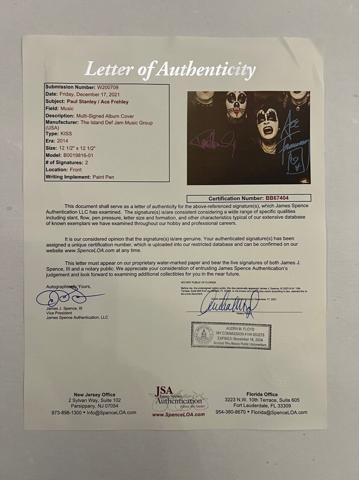 KISS JSA Paul Stanley Ace Frehley Autograph Signed Record Album Debut