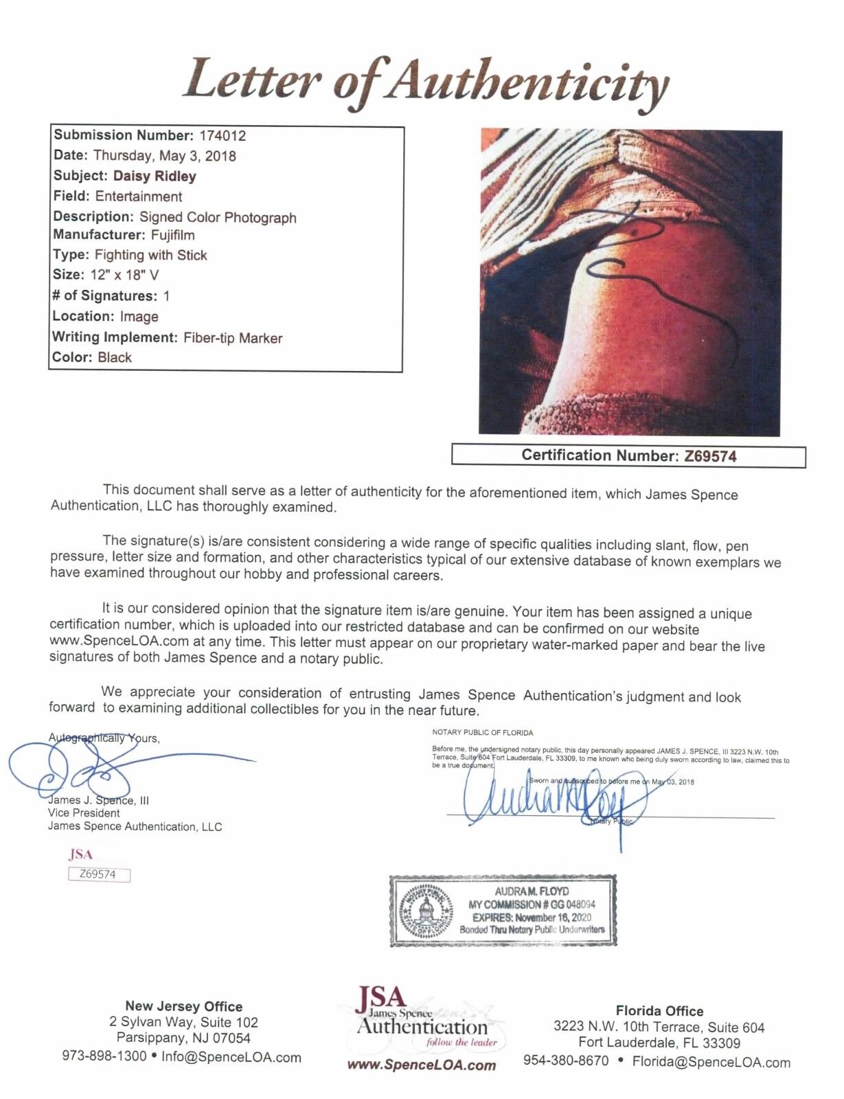 Star Wars The Last Jedi Daisy Ridley Autograph Signed 12 x 18 photo JSA